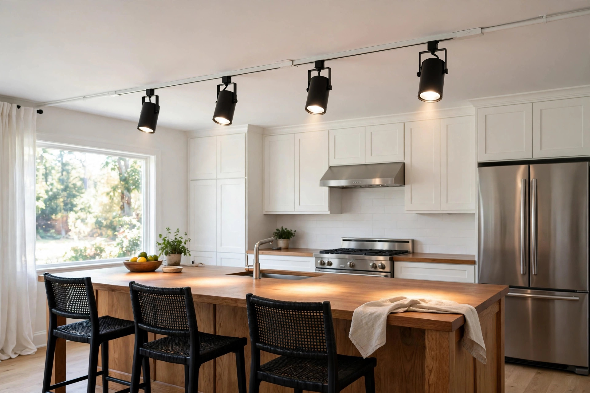 Track light heads on a ceiling rail over a kitchen counter, kitchen track lighting for sale usa