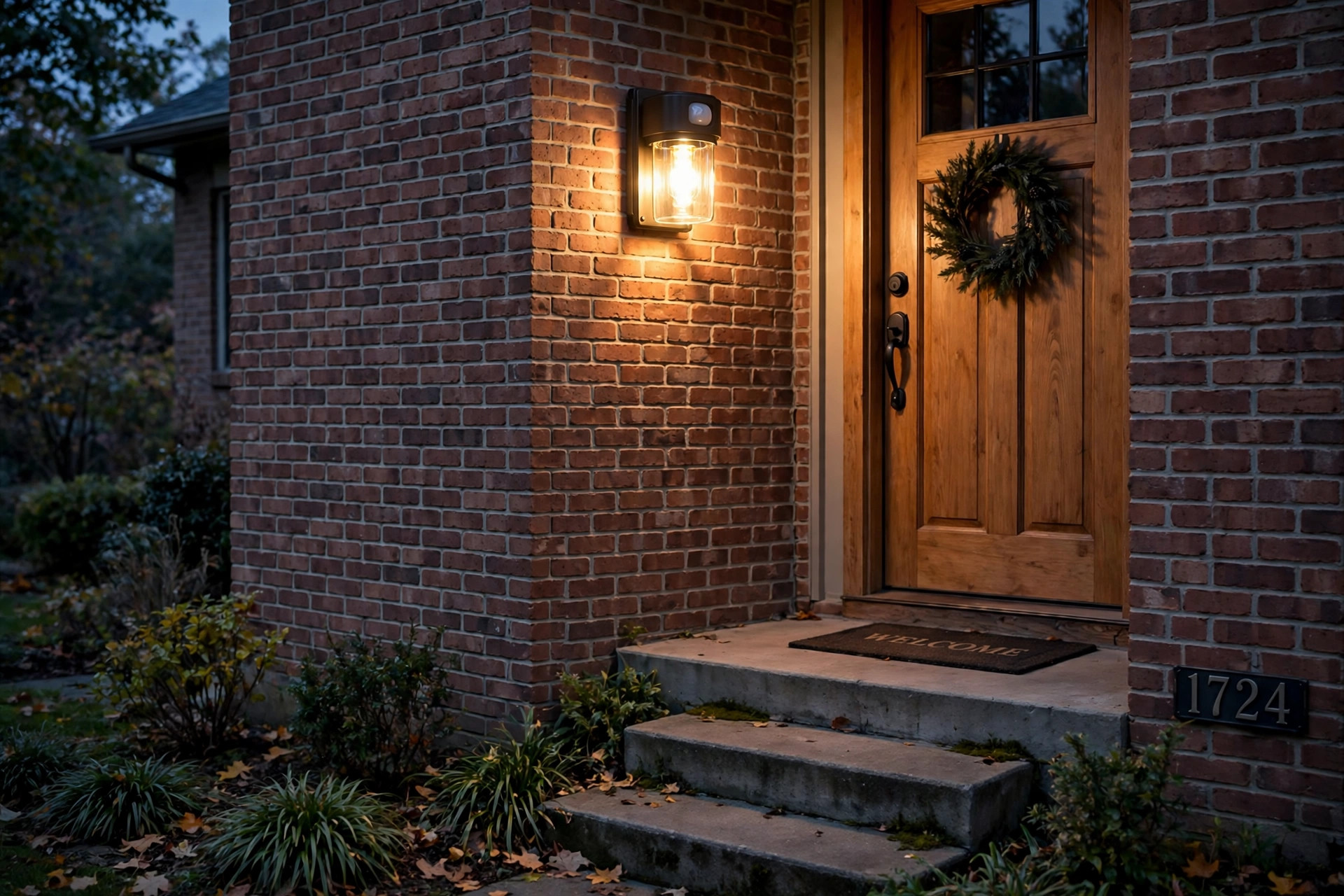 sensor porch lights for sale usa: Sensor porch light with motion detector mounted beside a front door in the USA