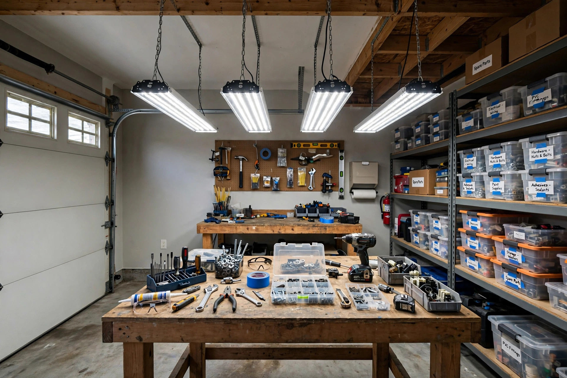 garage shop lights for sale usa: Bright LED shop lights hanging over a workbench in an American garage workshop