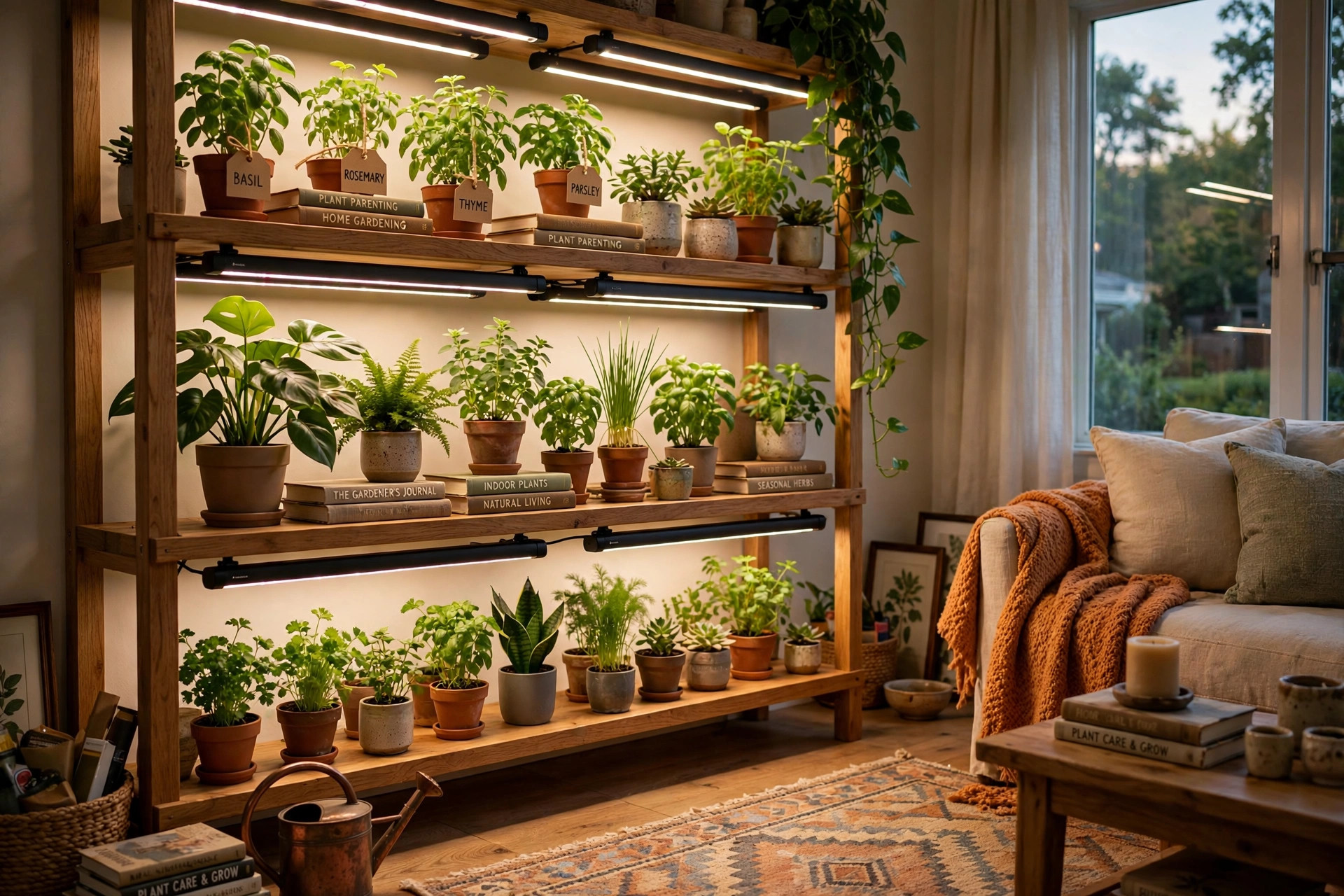 indoor grow lights for sale usa: Indoor grow lights glowing over green houseplants on a wooden shelf in a living room