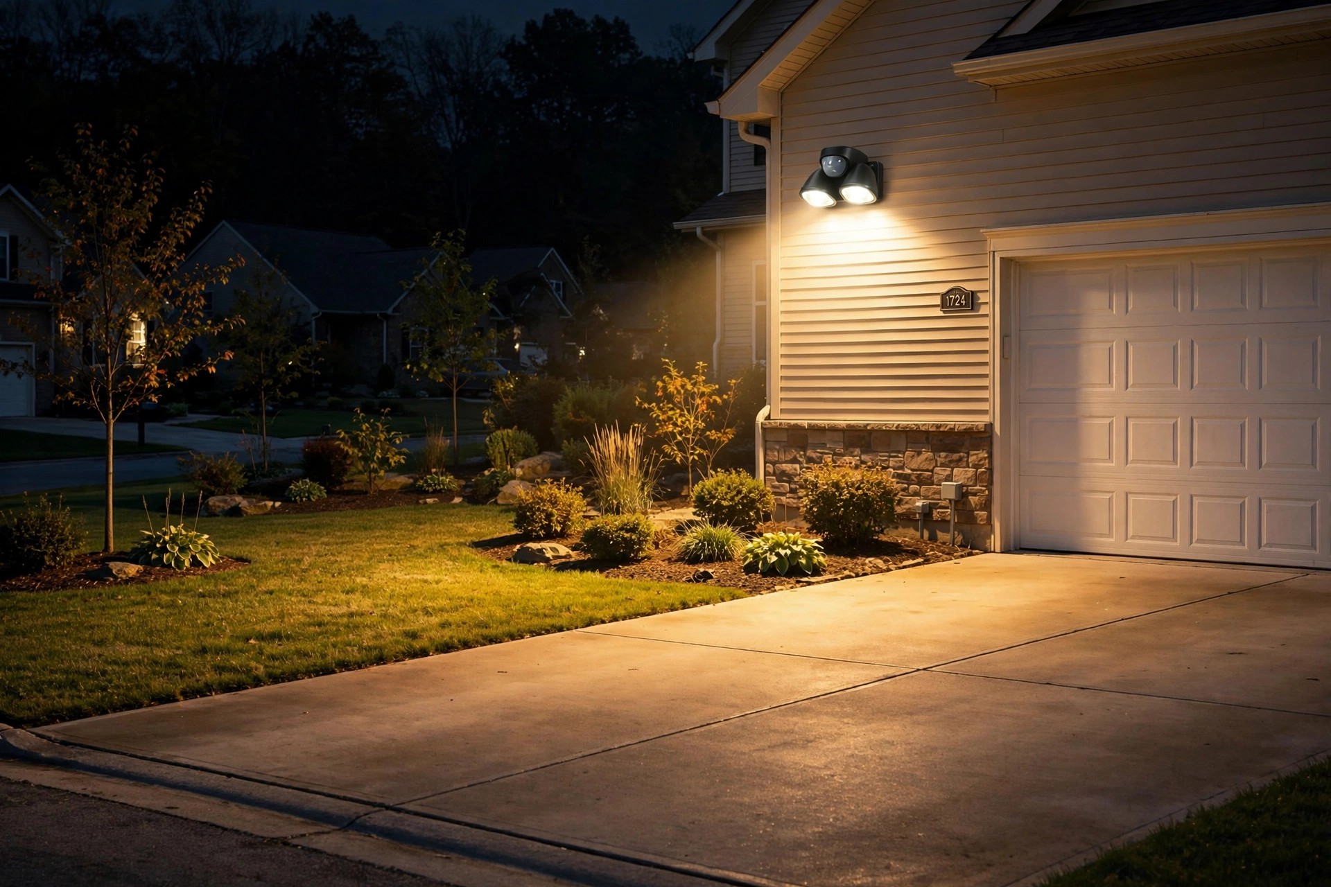 motion flood lights for sale usa: Motion sensor flood light glowing over an American backyard driveway at night