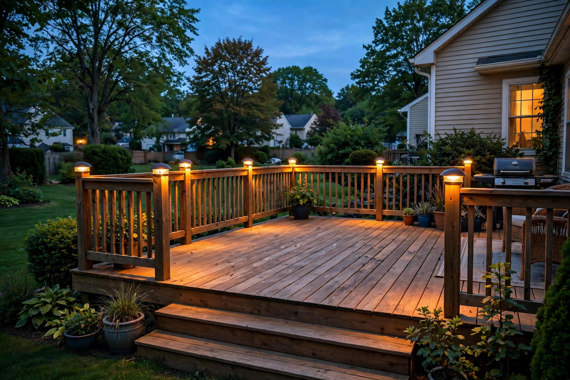 deck cap lights for sale usa: Deck cap lights glowing on a wooden deck railing at dusk