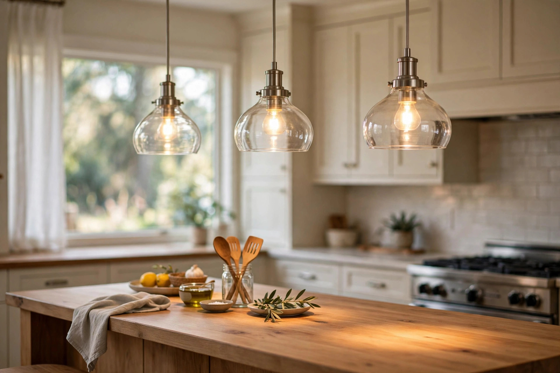 kitchen island pendants deals near me: Kitchen island pendants with glass shades over an island in a real American kitchen