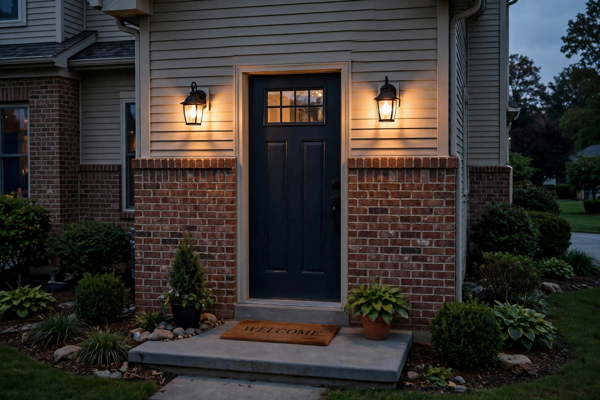 outdoor wall lanterns deals near me: A pair of black outdoor wall lanterns beside a front door at dusk