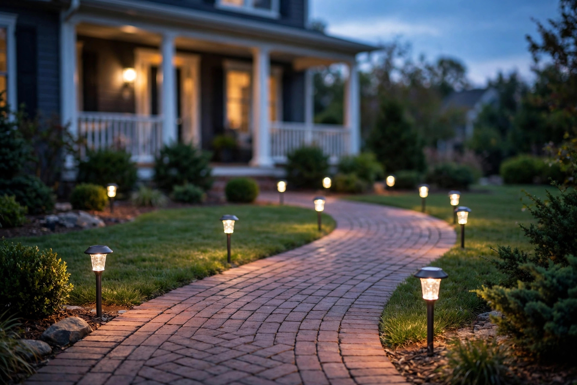 solar path lights deals near me: Solar path lights glowing along a curved garden walkway at dusk