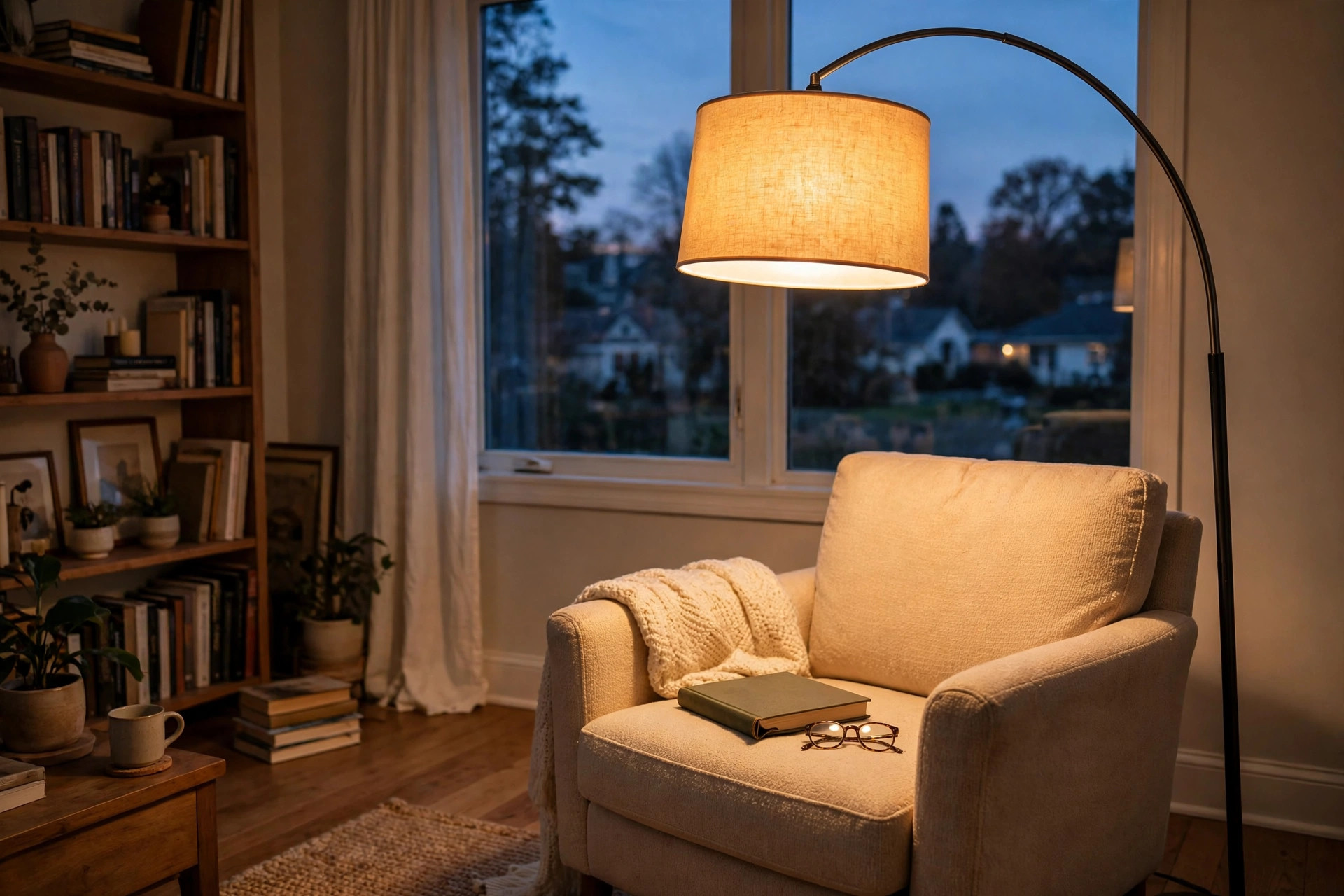 reading floor lamps deals near me: A floor lamp for reading beside an armchair in a cozy American living room