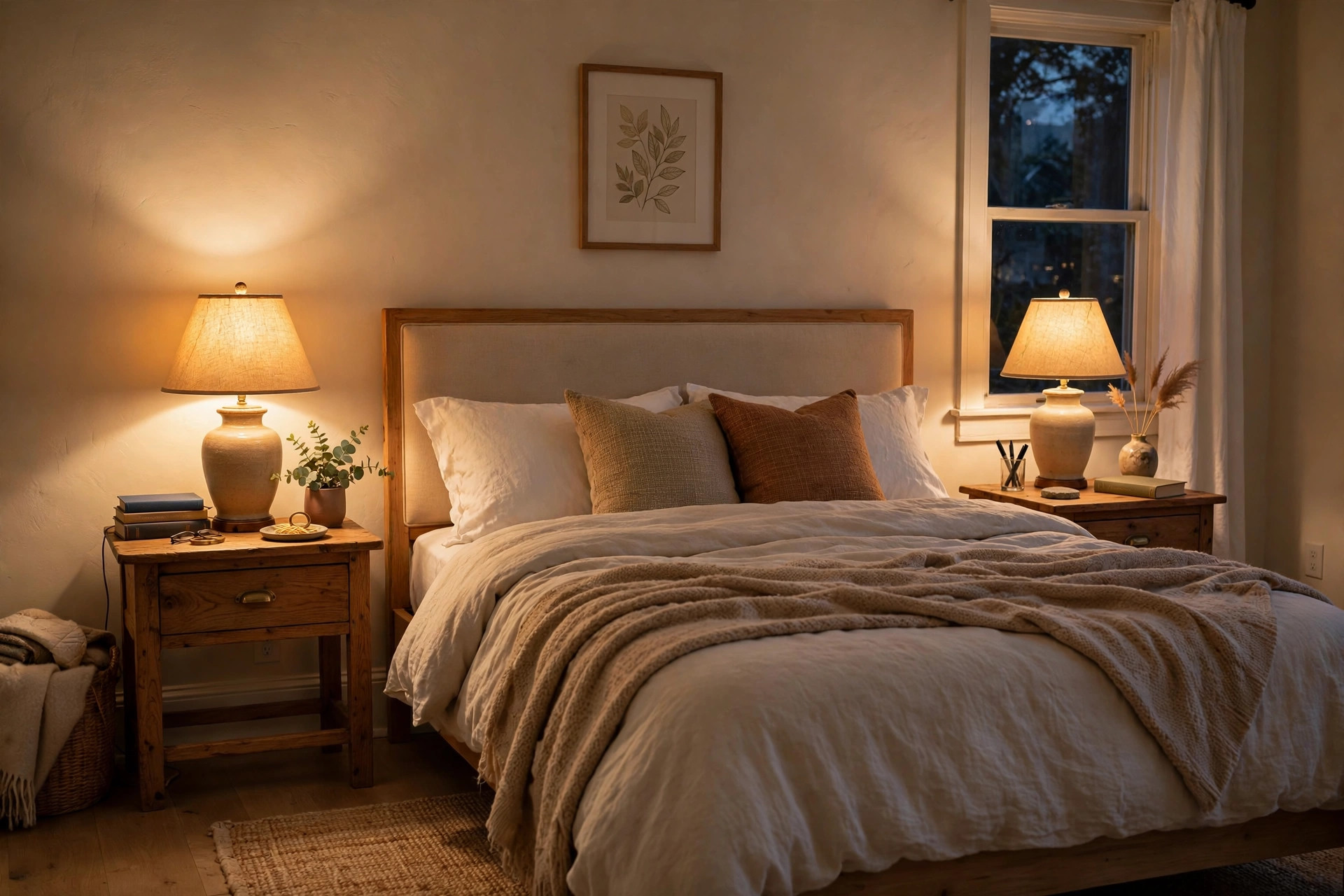 Bedroom table lamps deals near me: two glowing lamps on nightstands