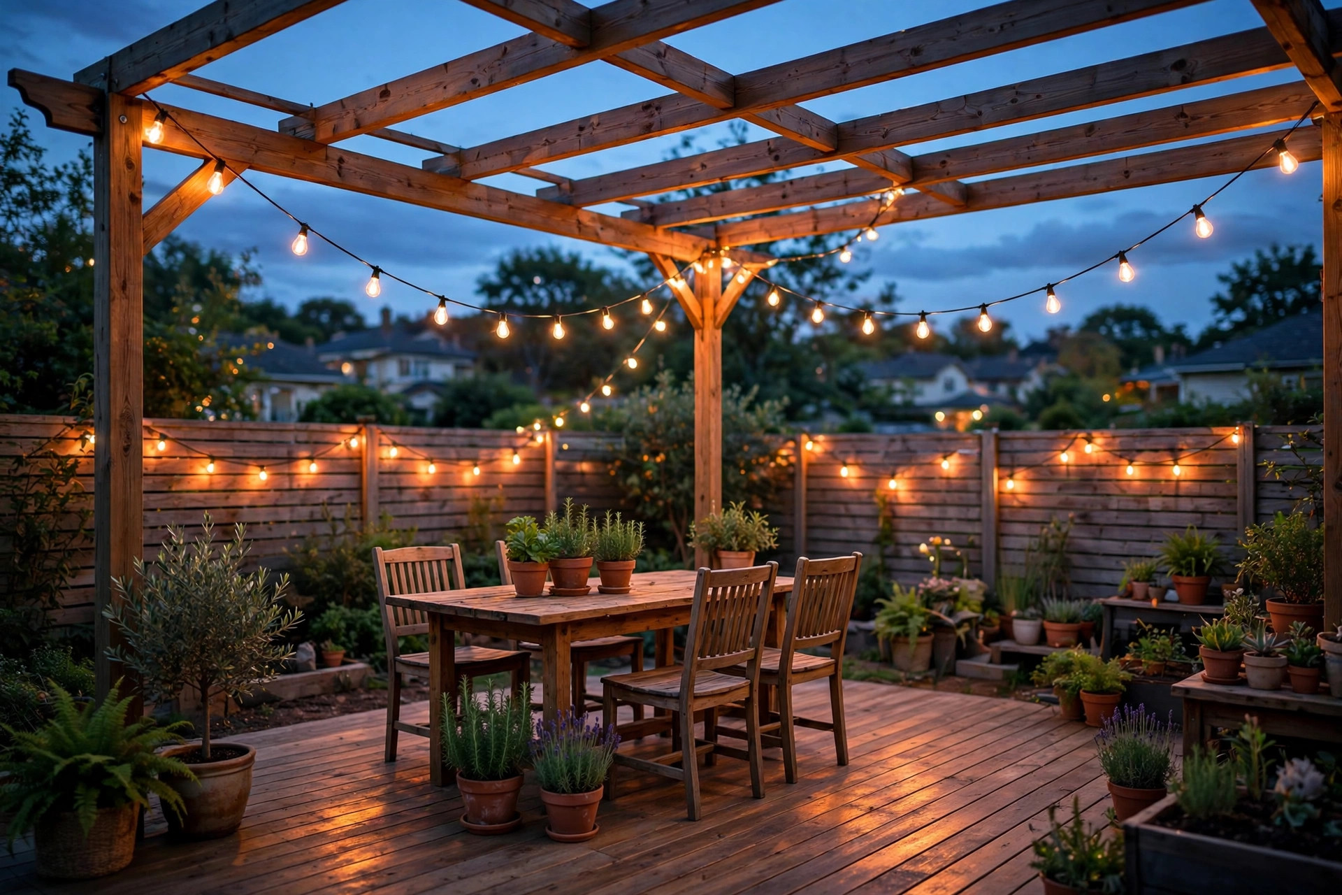 patio string lights deals near me: Warm patio string lights glowing over an outdoor patio at dusk