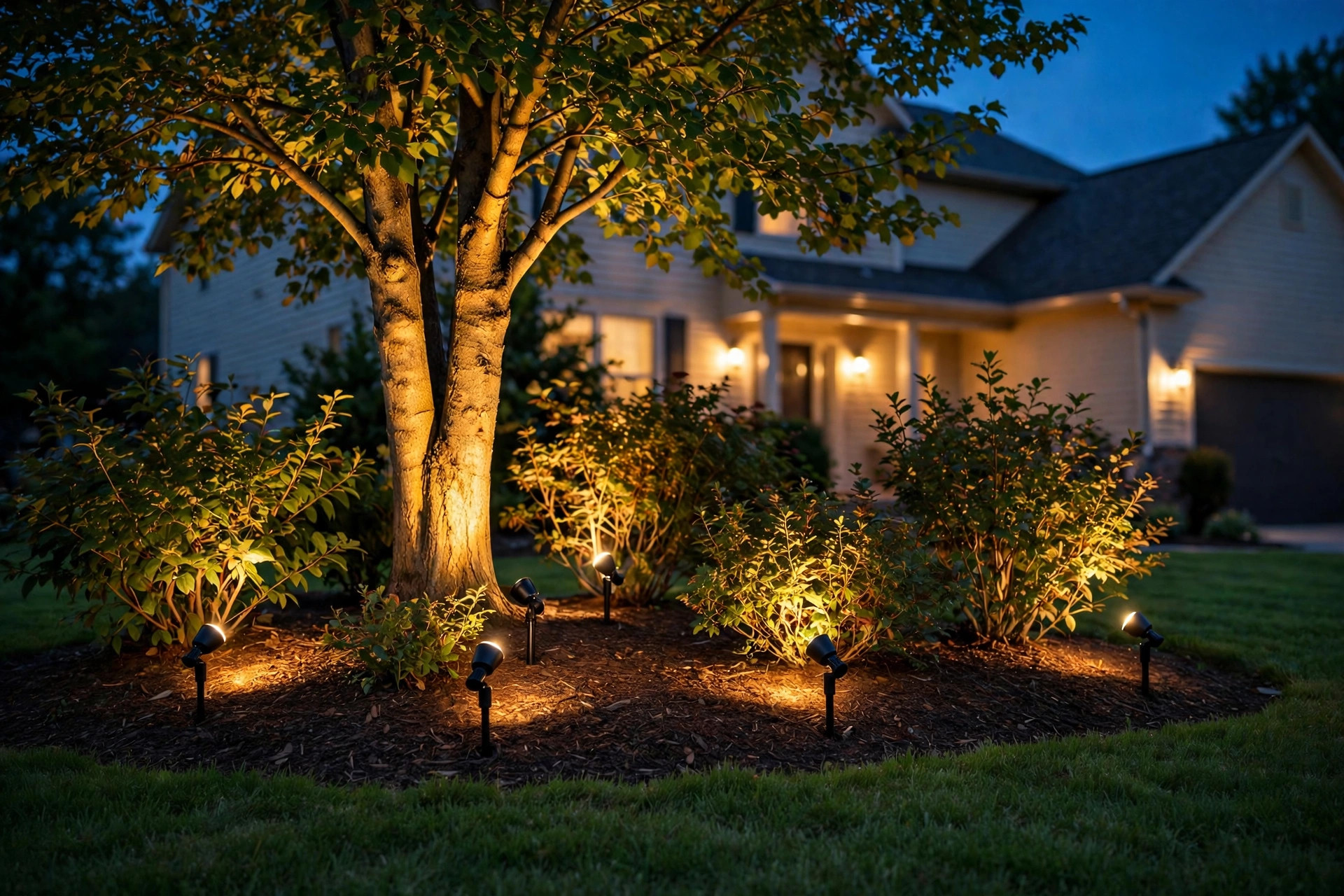 Landscape spot lights deals near me — warm uplights glowing on a tree and garden bed at dusk