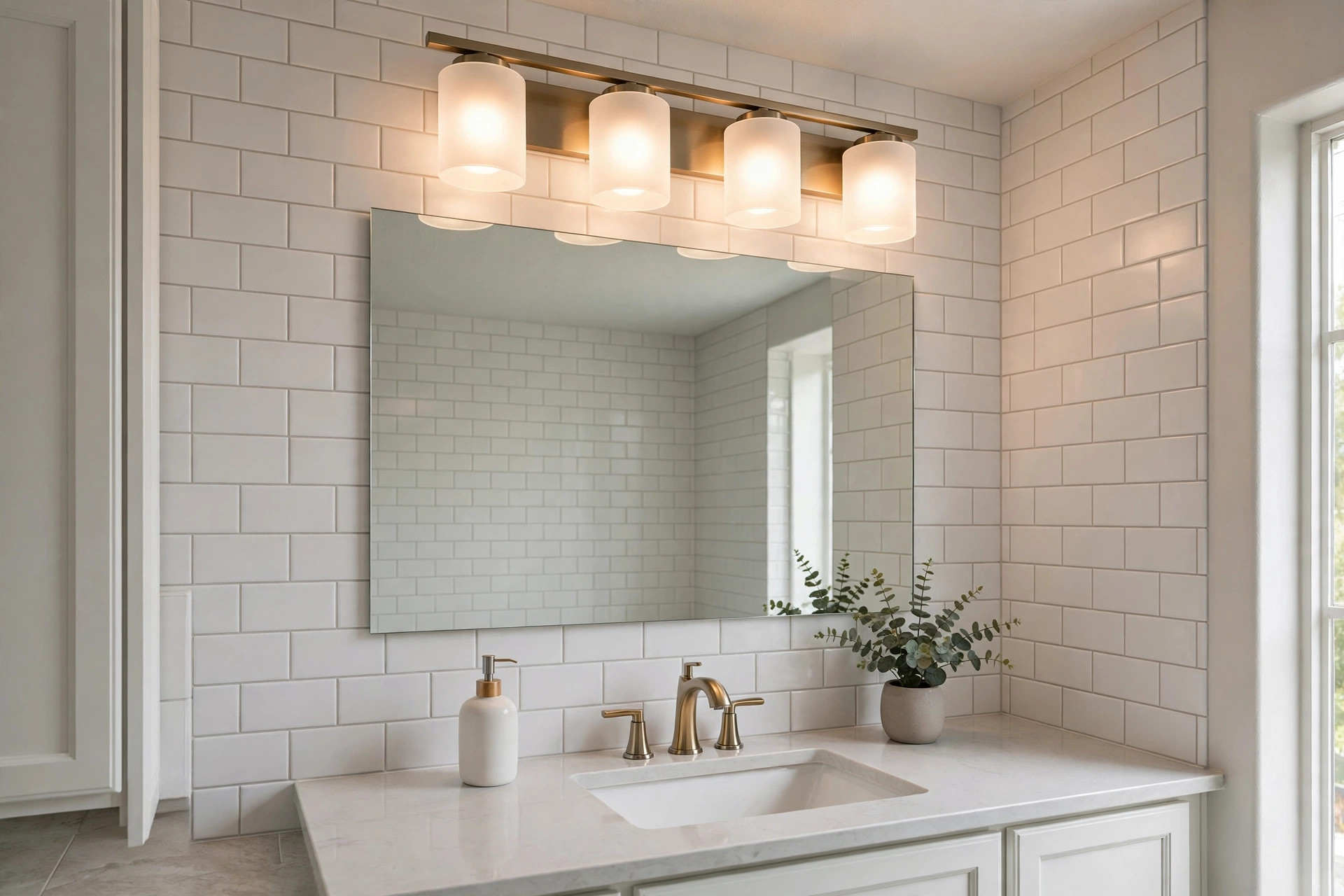 vanity light bars deals near me: A vanity light bar glowing over a bathroom mirror in a real American home