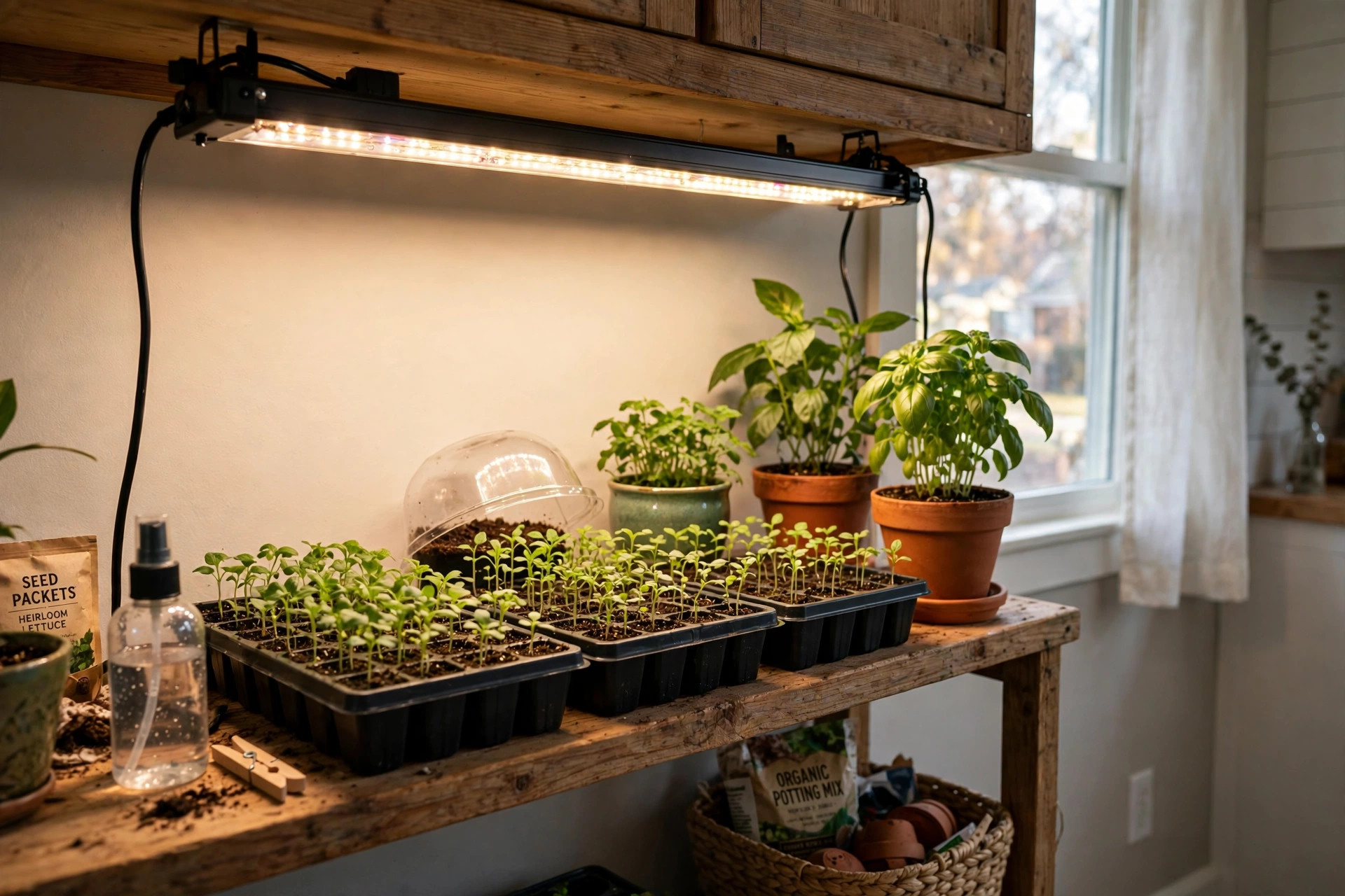 indoor grow lights deals near me: Indoor LED grow lights on sale in a home garden store aisle