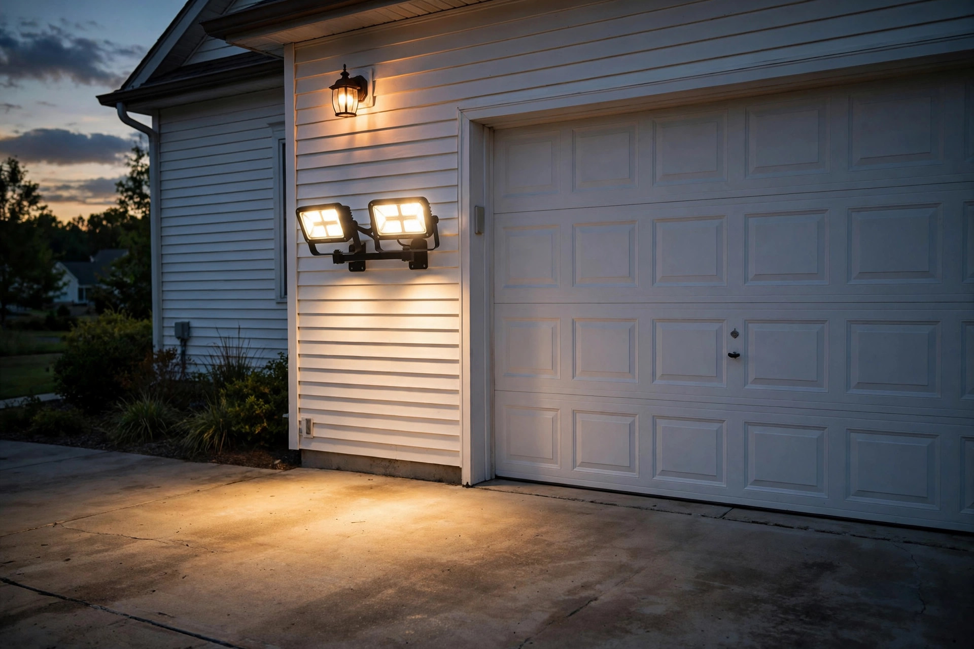 motion flood lights deals near me: Outdoor motion flood lights on a garage wall at dusk