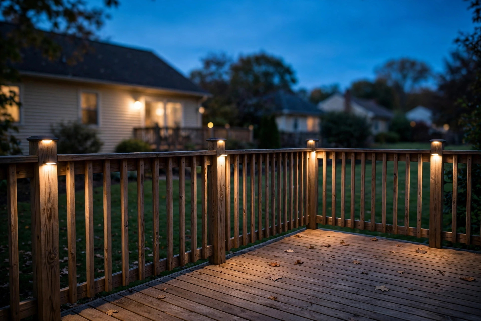 deck cap lights deals near me: Deck cap lights installed on wooden deck rail posts at dusk