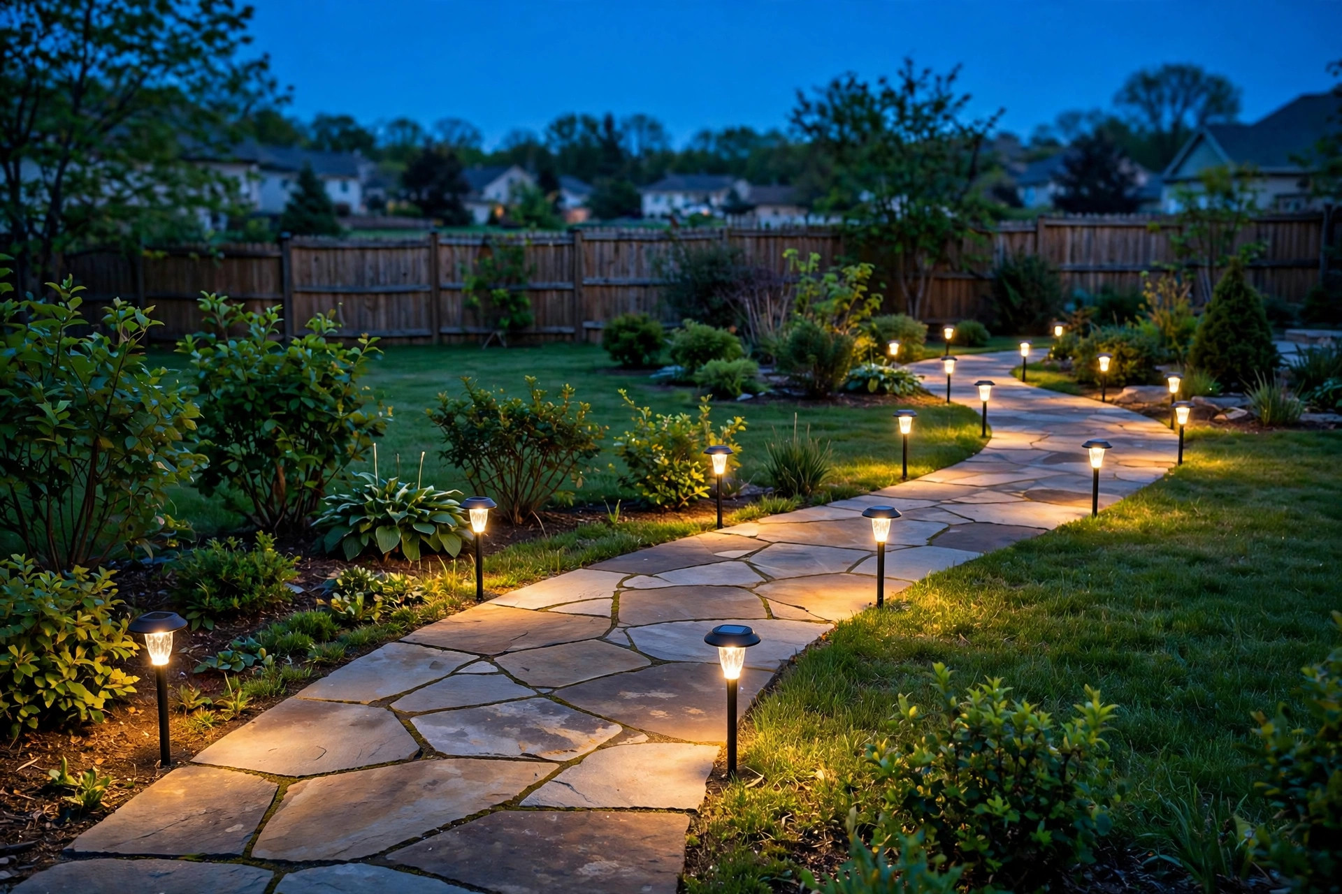 solar path lights reviews buying guide usa: Solar path lights glowing along a garden walkway at dusk