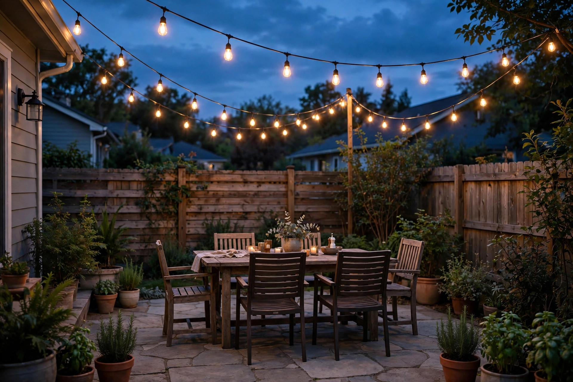 patio string lights reviews buying guide usa: Patio string lights glowing over an outdoor patio at dusk