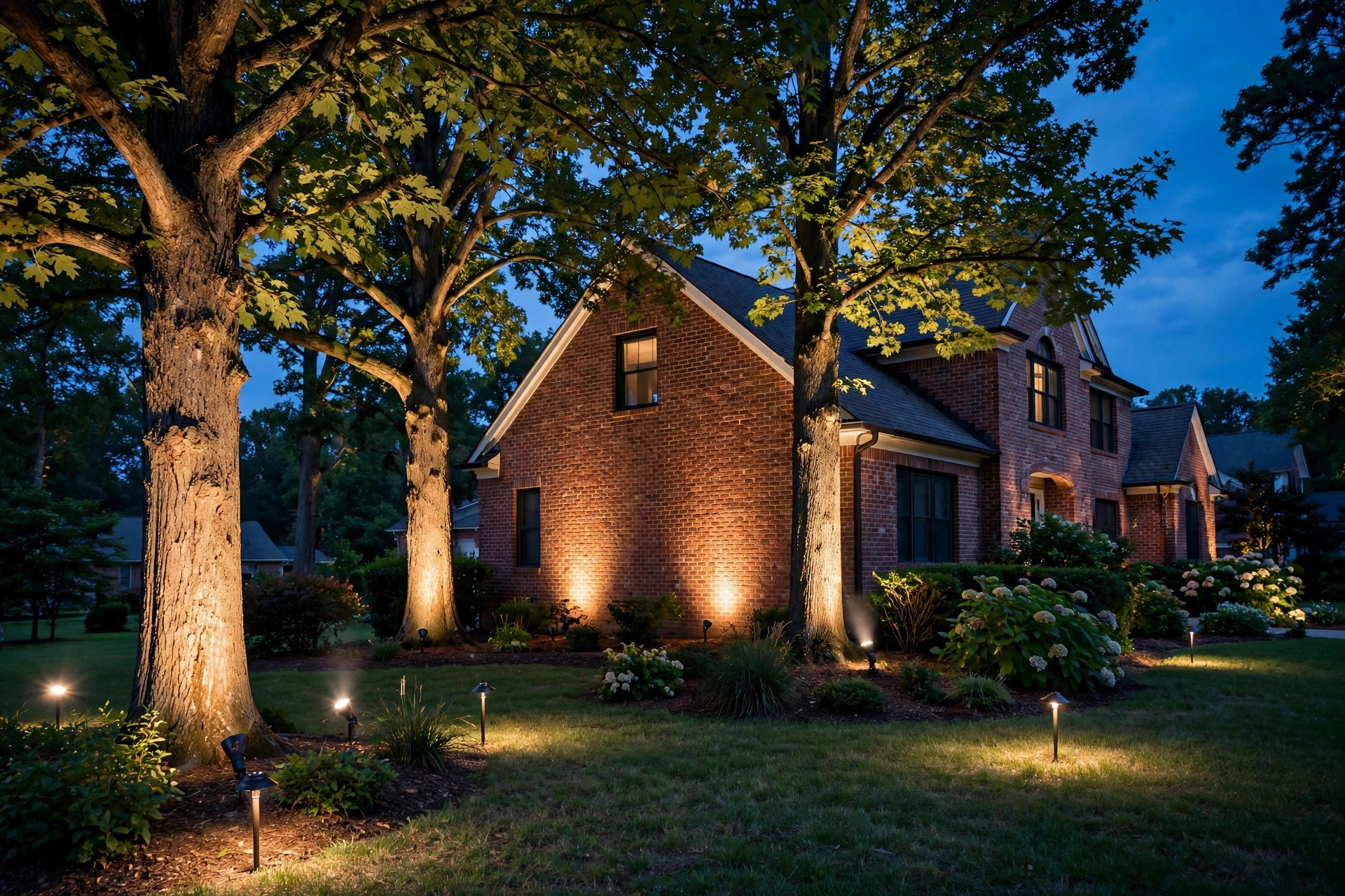 landscape spot lights reviews buying guide usa: Landscape spot lights lighting trees and a house in an American yard at dusk