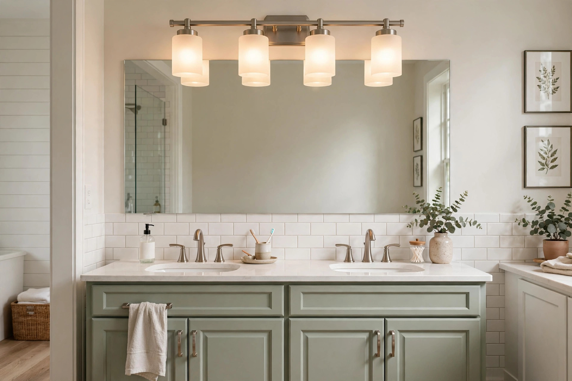 vanity light bars reviews buying guide usa: Chrome vanity light bar over a bathroom mirror in an American home