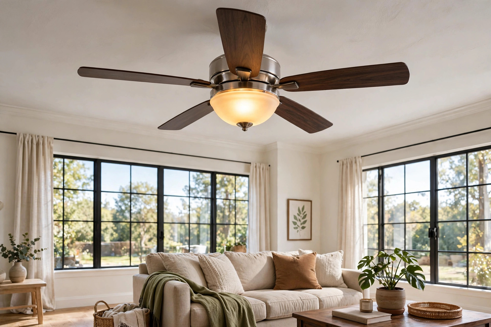ceiling fans lights reviews buying guide usa: Ceiling fan with light kit and warm glass bowl, spinning in a bright American living room