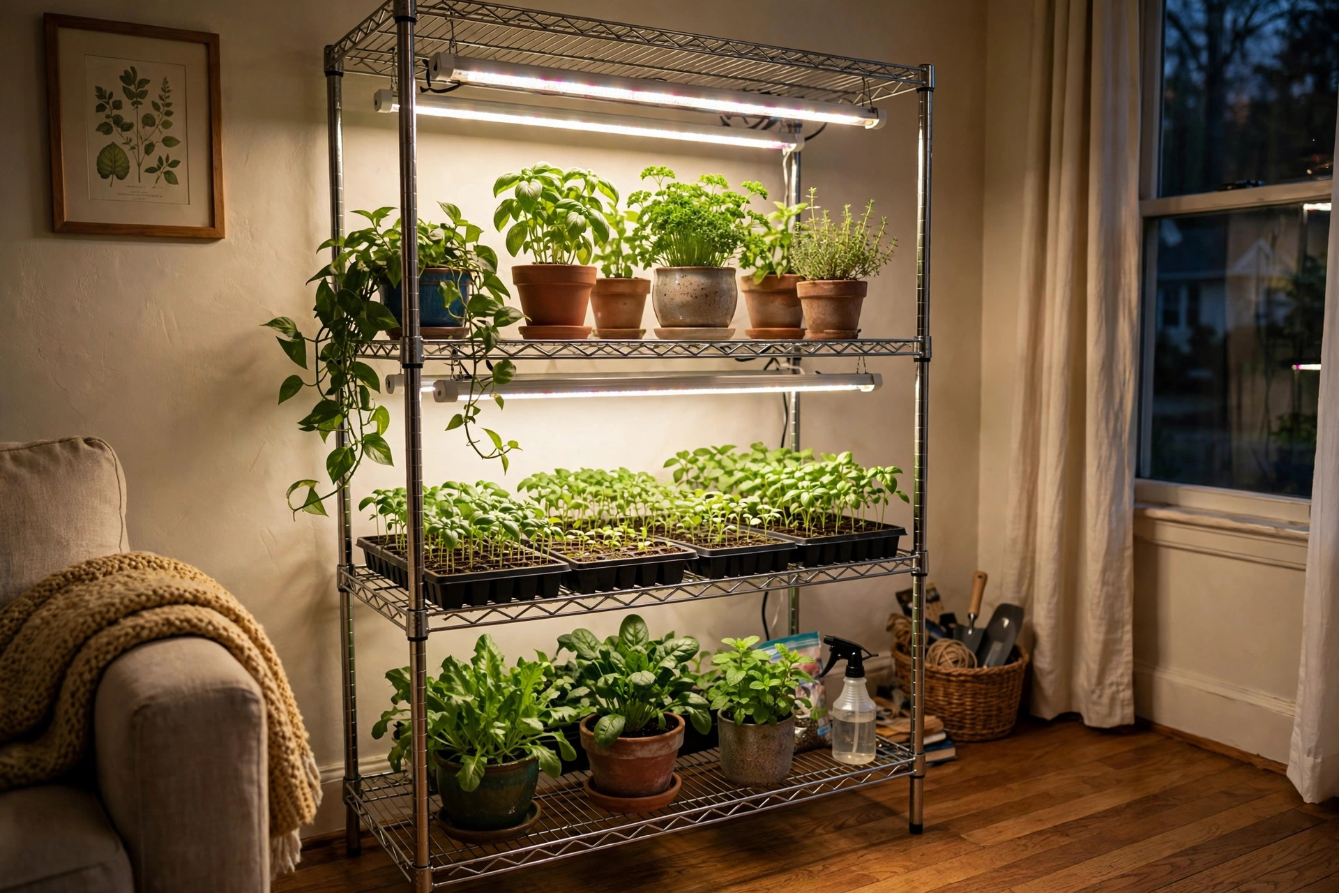 indoor grow lights reviews buying guide usa: indoor grow lights glowing over houseplants in a home growing shelf