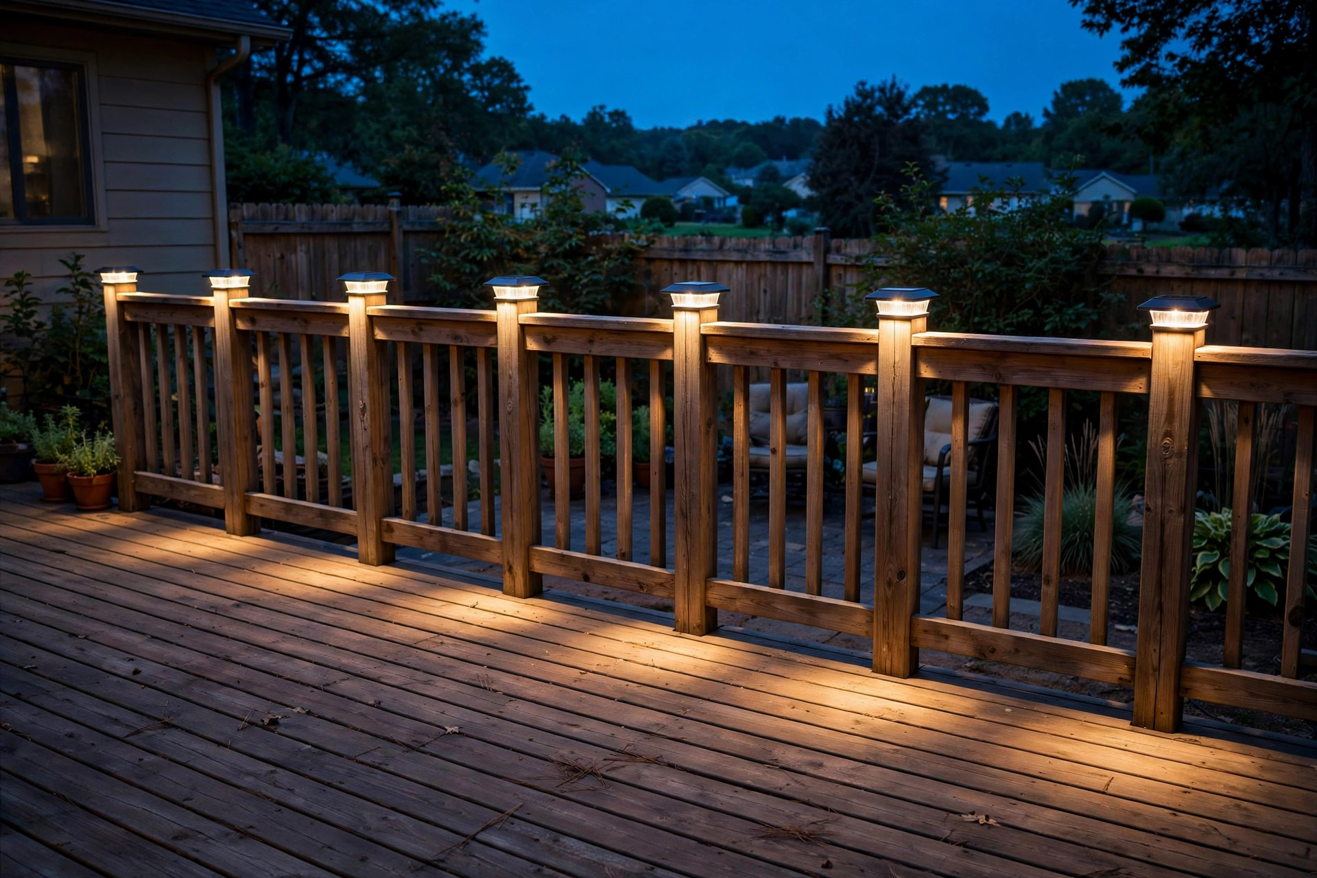 deck cap lights reviews buying guide usa: Deck cap lights glowing on a wooden deck railing at night in the USA