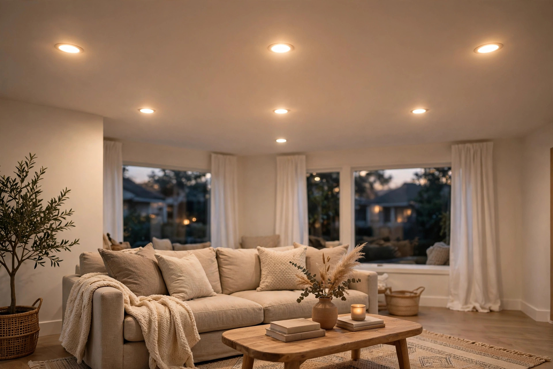 led recessed lights where to buy usa: LED recessed lights installed in a living room ceiling