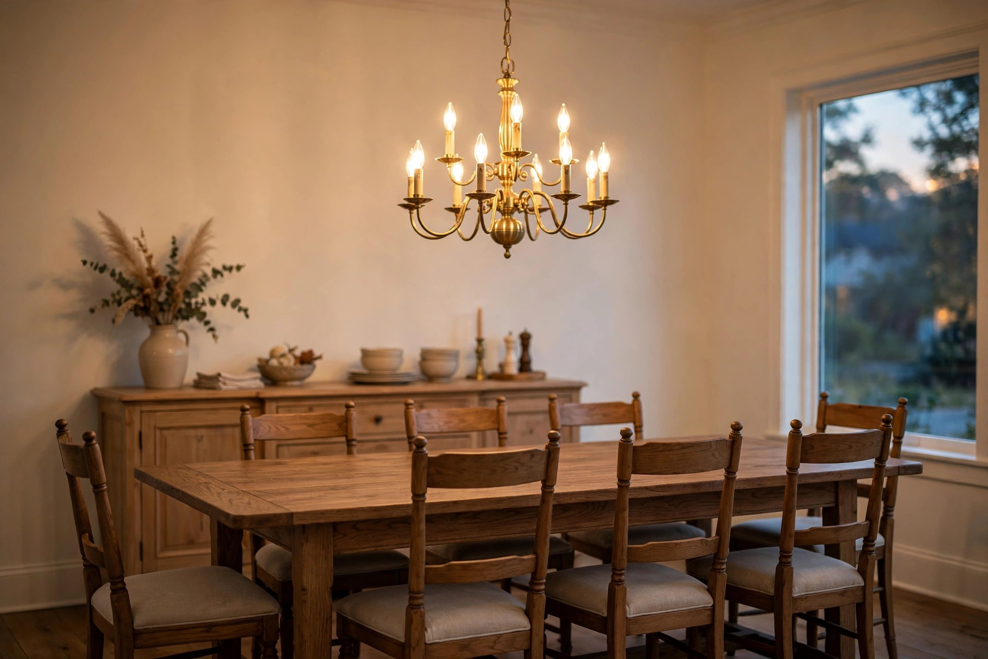 Dining room chandeliers where to buy USA — a warm chandelier glowing over a wood dining table