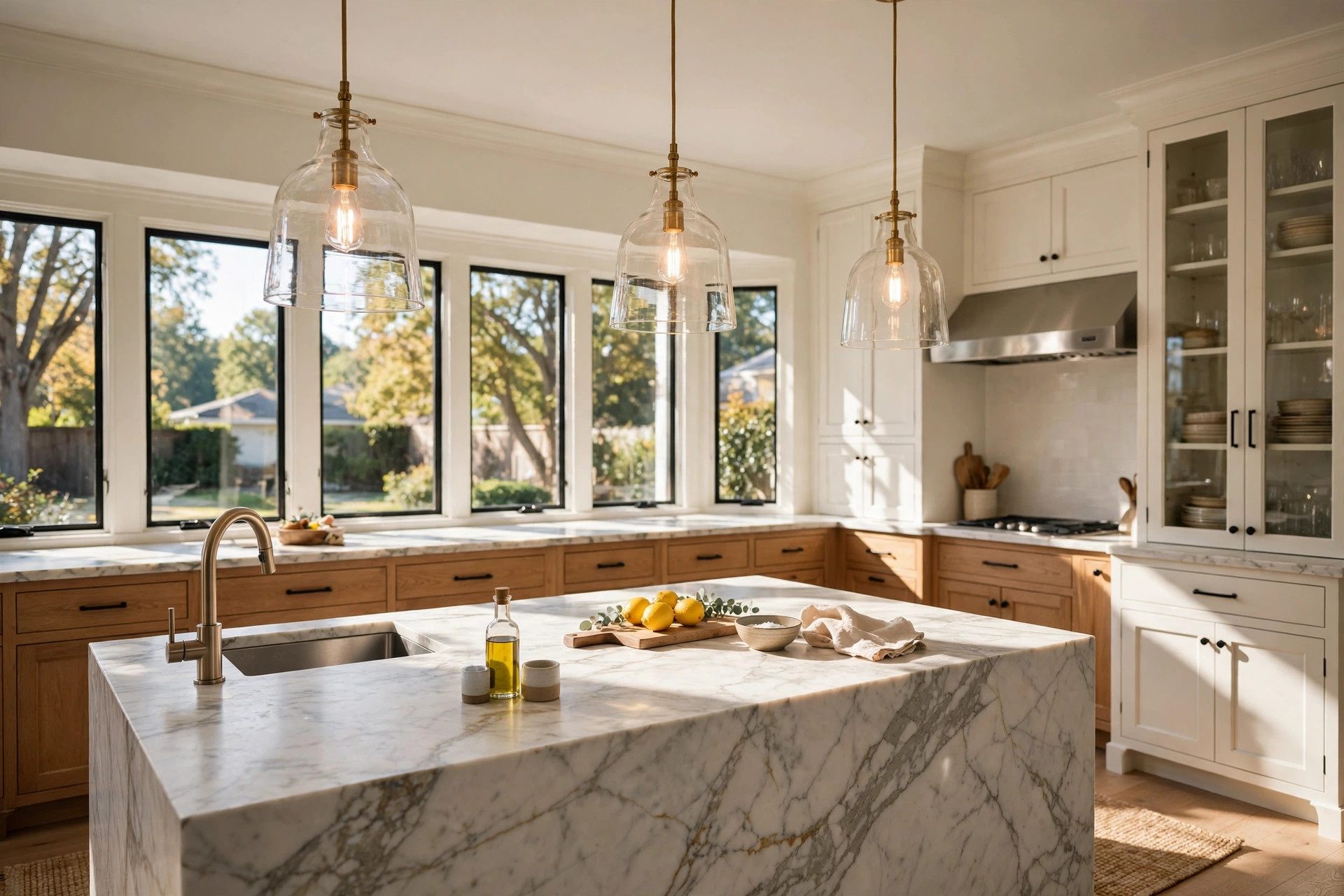 kitchen island pendants where to buy usa: Kitchen island pendants over a counter in an American home