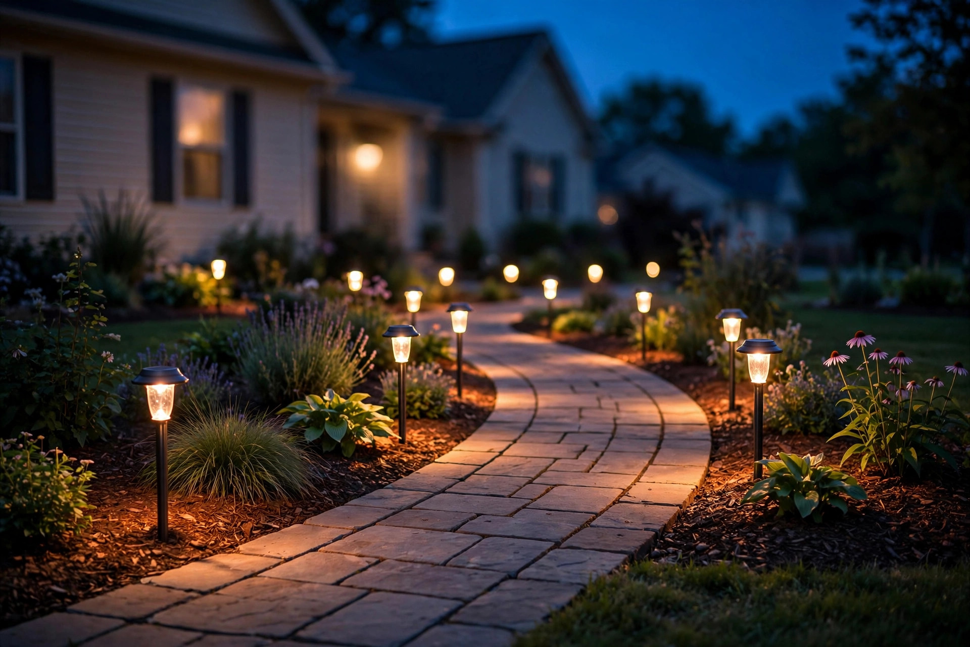 Solar path lights where to buy USA — glowing path lights along a garden walkway at dusk