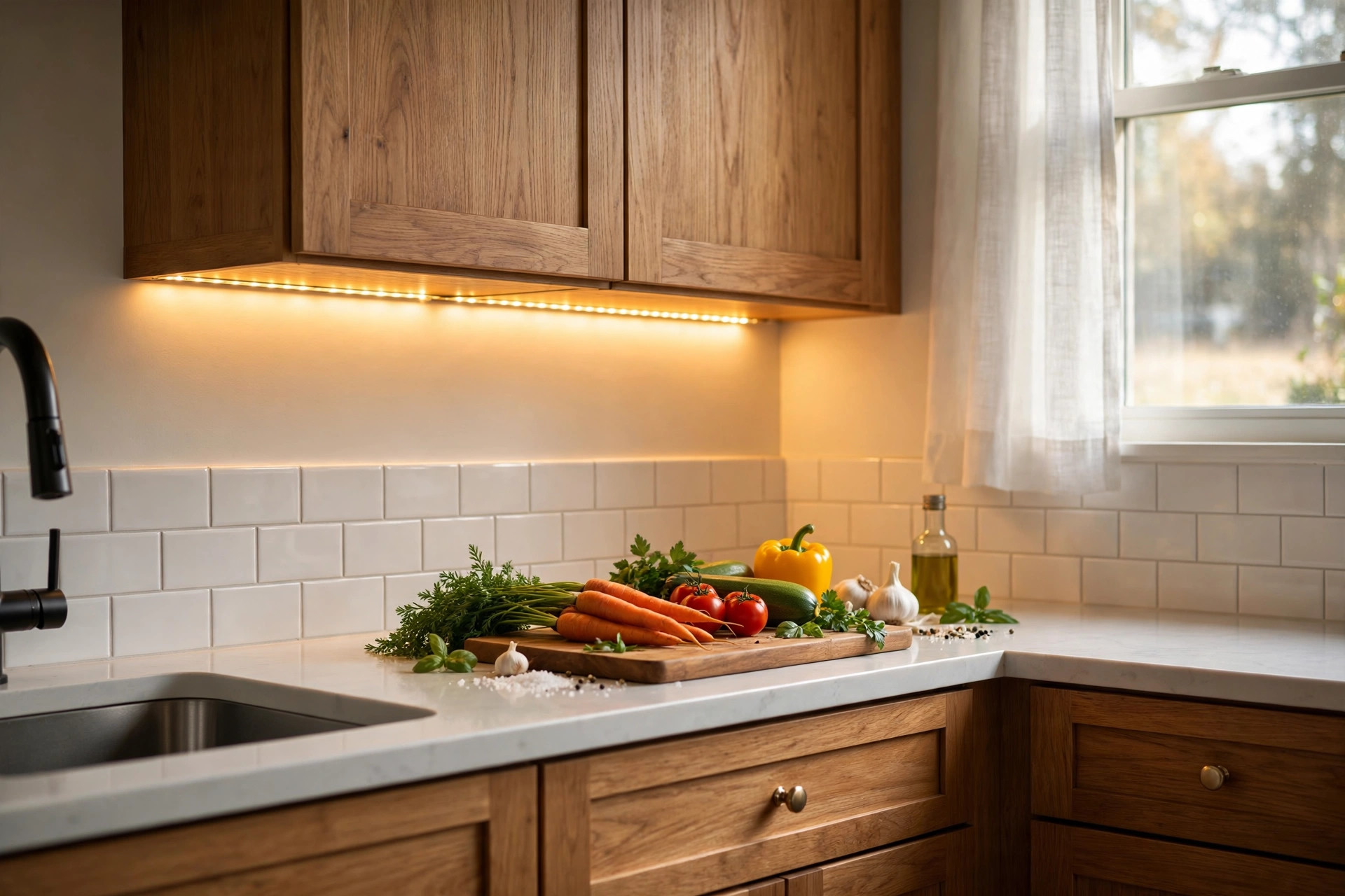 under cabinet strips where to buy usa: Under cabinet LED strips lighting a kitchen counter in an American home
