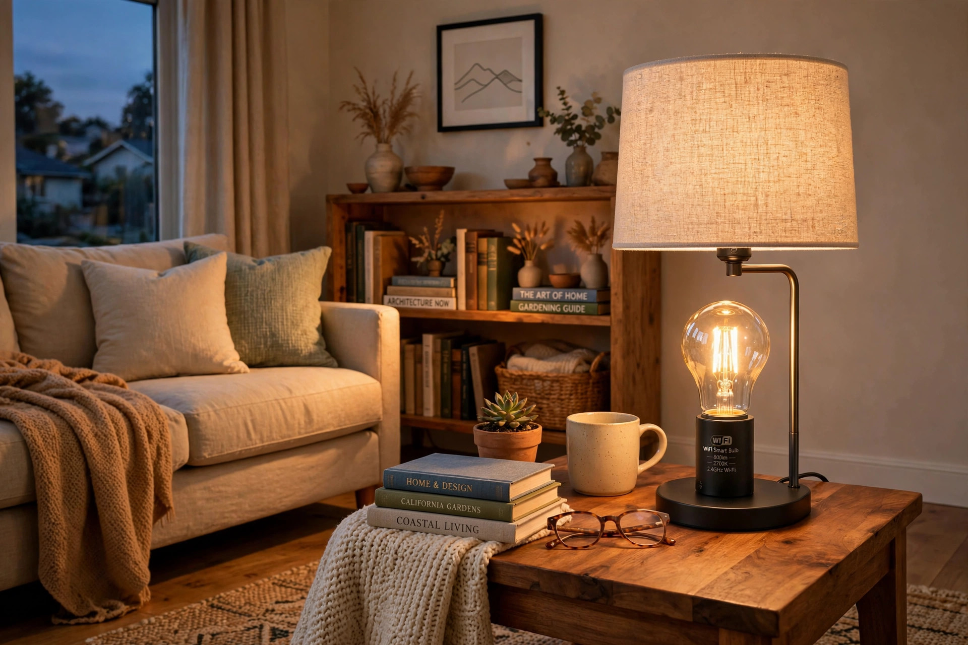 WiFi smart bulbs where to buy usa — glowing smart bulb in a table lamp
