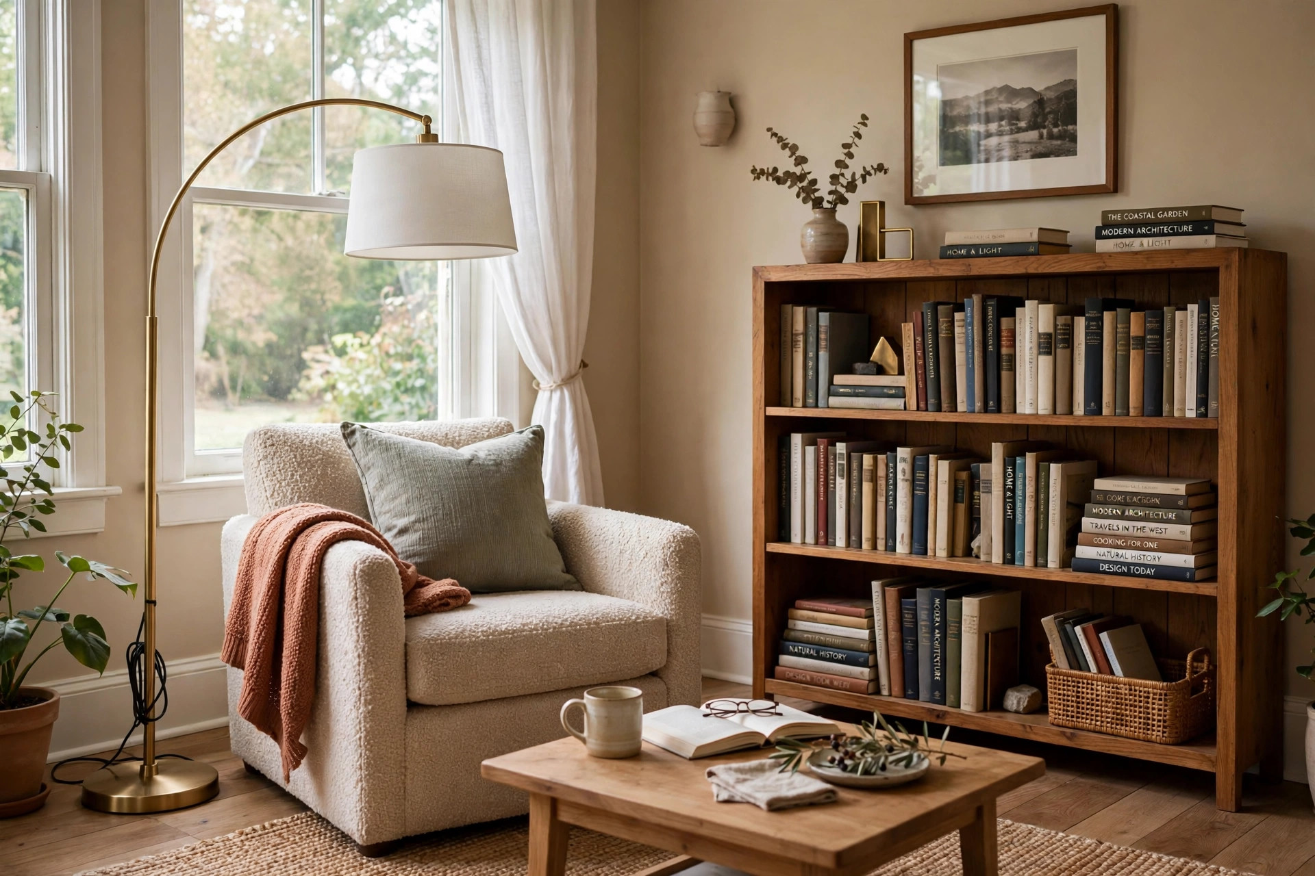reading floor lamps where to buy usa: A modern reading floor lamp with a brass arc arm beside a cozy armchair and bookshelf in a warm American living room