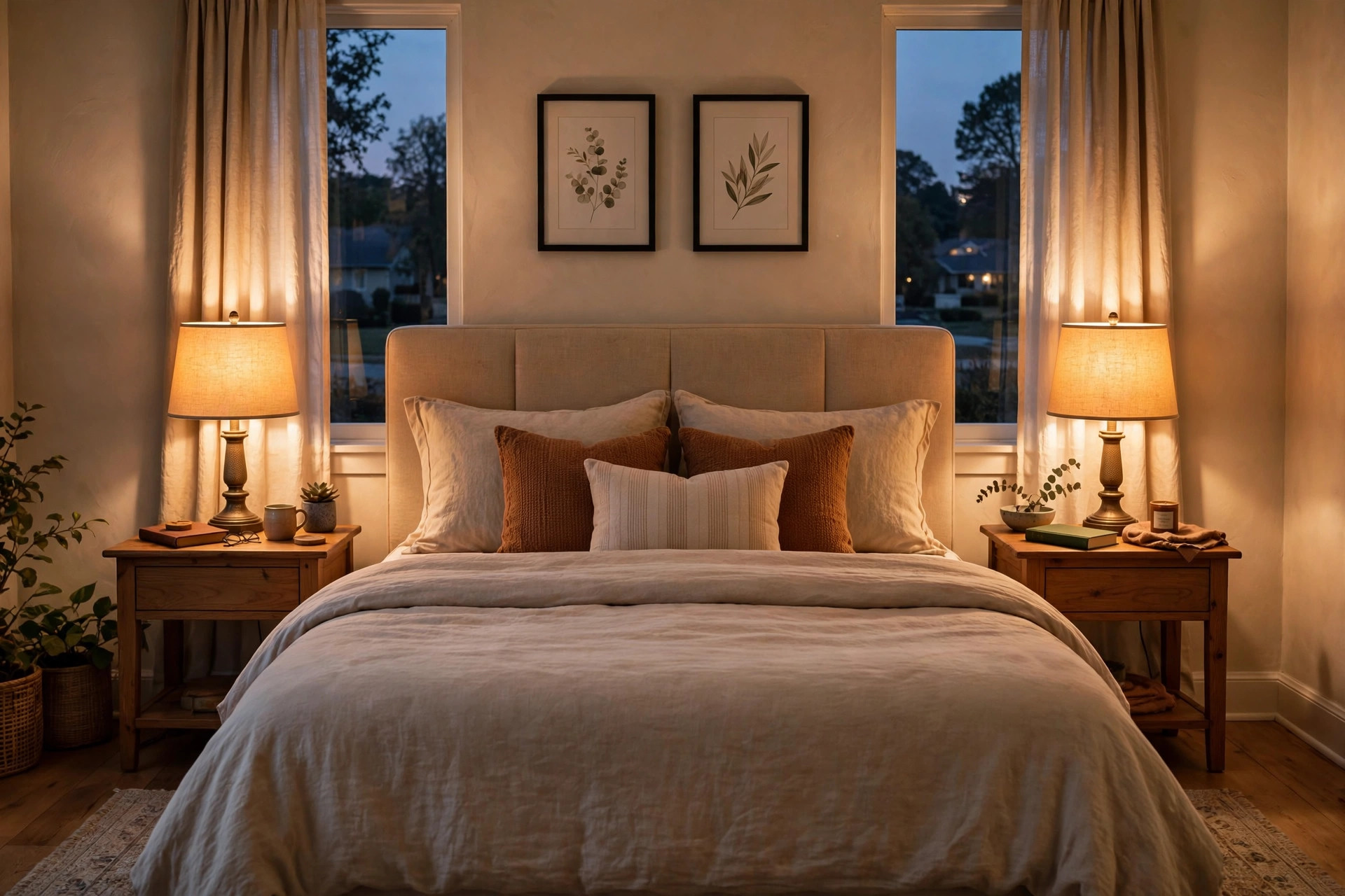 bedroom table lamps where to buy usa: Bedroom table lamps on wooden nightstands in a cozy American bedroom