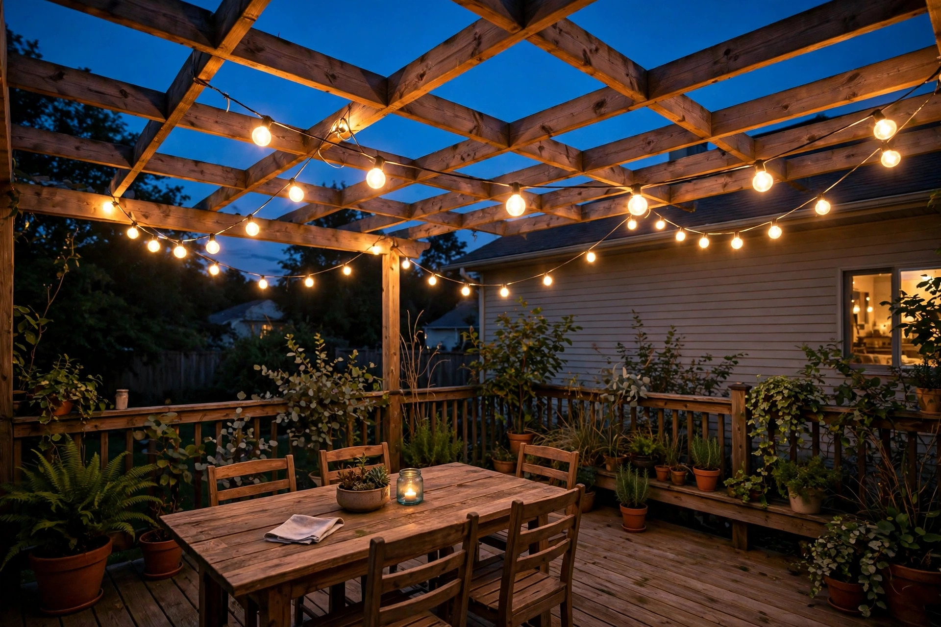 patio string lights where to buy usa: Patio string lights glowing over an American backyard deck at dusk