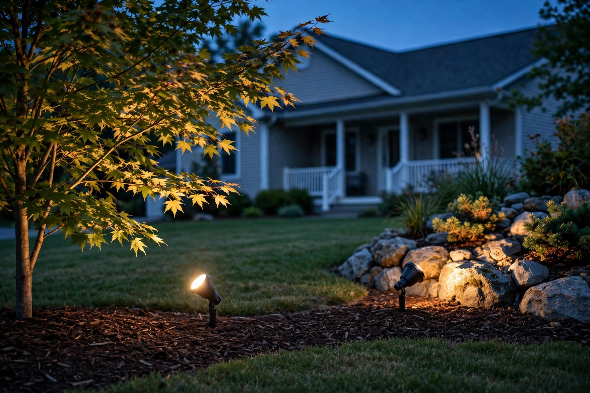 Landscape spot lights where to buy usa, aimed up at a tree in an American front yard at dusk