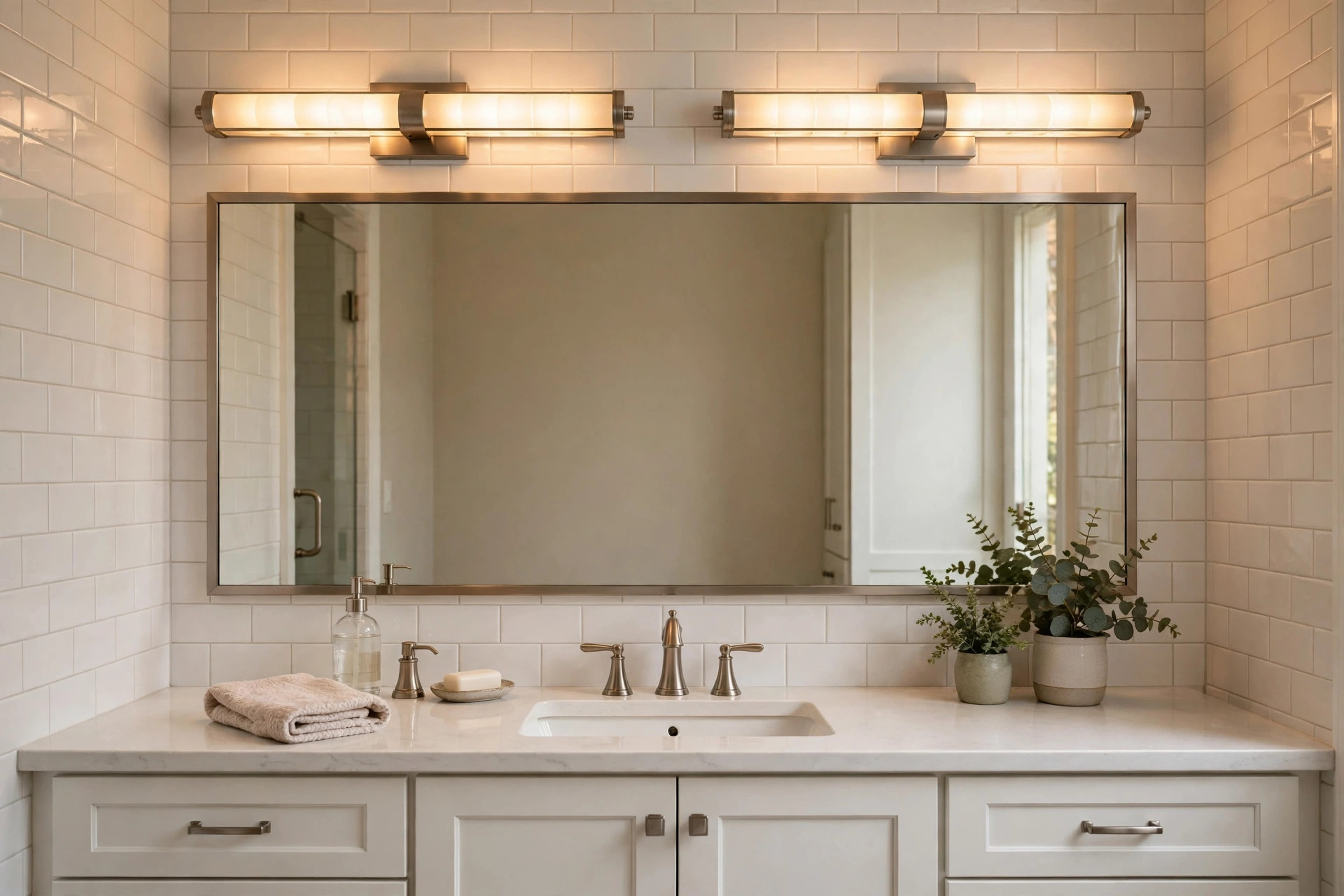 vanity light bars where to buy usa: A bathroom vanity with warm LED light bars above the mirror