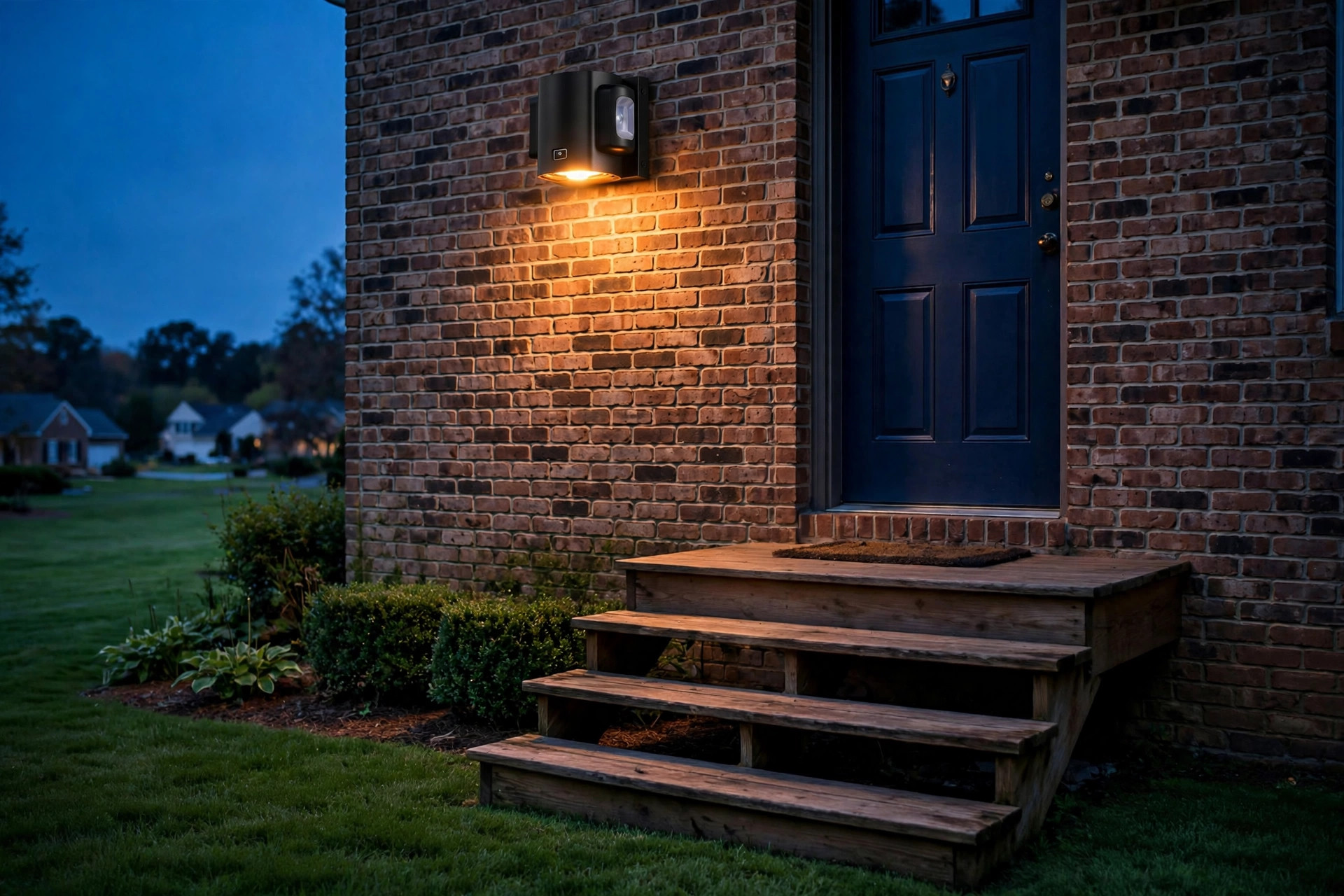 sensor porch lights where to buy usa: Sensor porch light fixture glowing above a front door in the USA