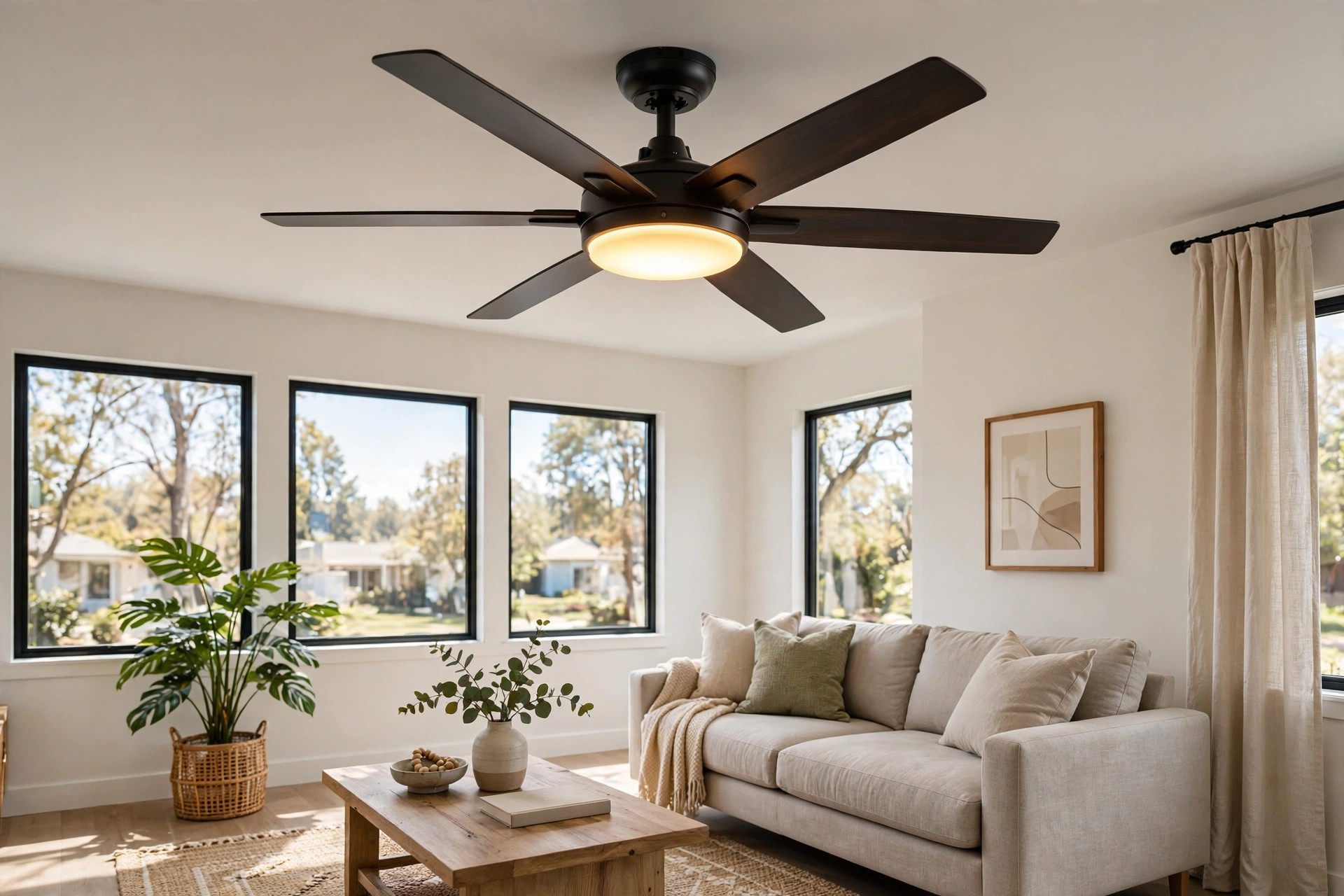 ceiling fans lights where to buy usa: Ceiling fan with light kit in a bright American living room