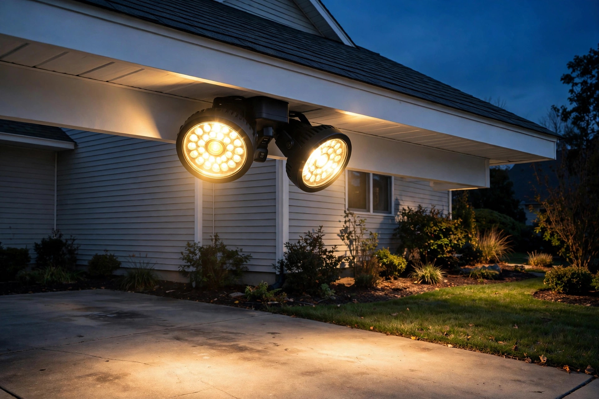 motion flood lights where to buy usa: Motion flood lights where to buy in the USA, shown installed on a home at dusk