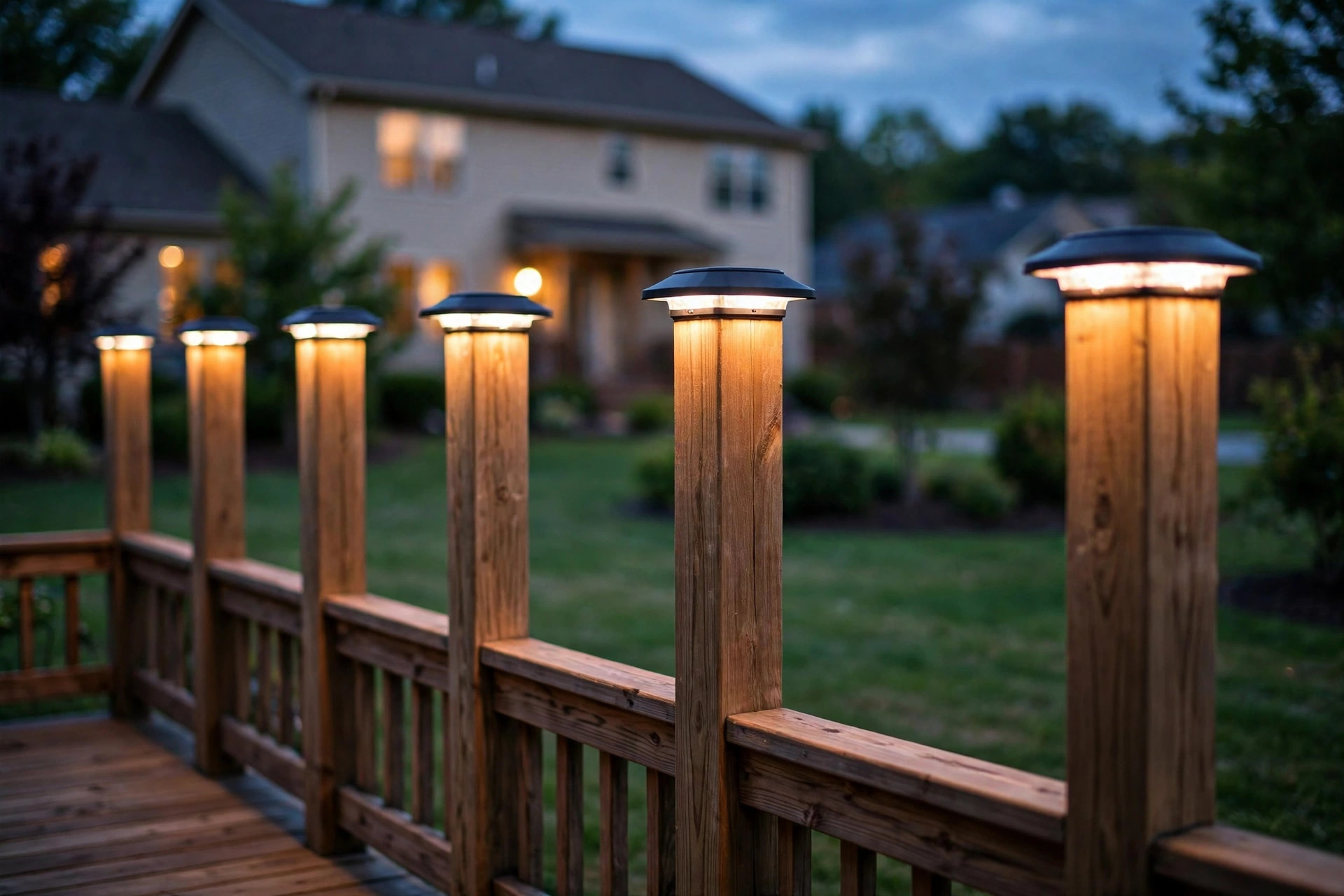 deck cap lights where to buy usa: Deck cap lights glowing on wooden deck posts at dusk