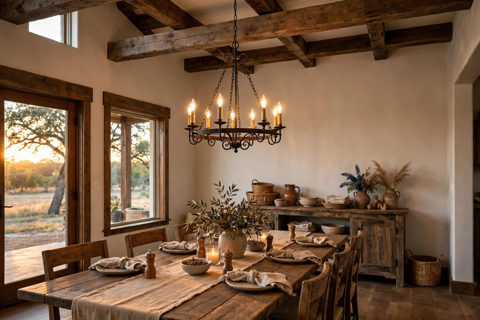 dining room chandeliers texas homes usa: Dining room chandelier over a wooden table in a Texas home