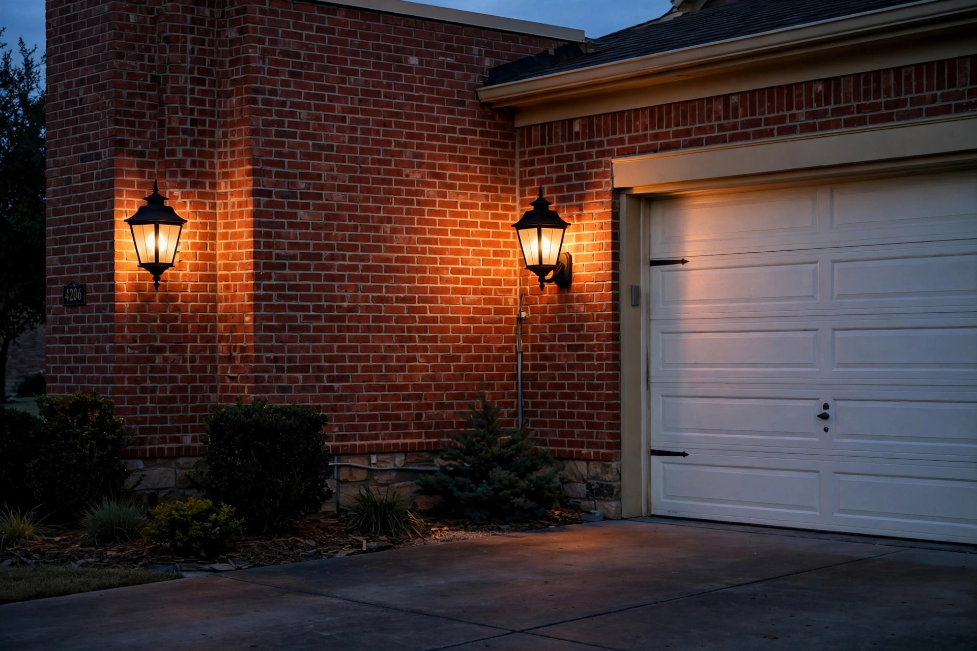 outdoor wall lanterns texas homes usa: outdoor wall lanterns beside a garage door at dusk