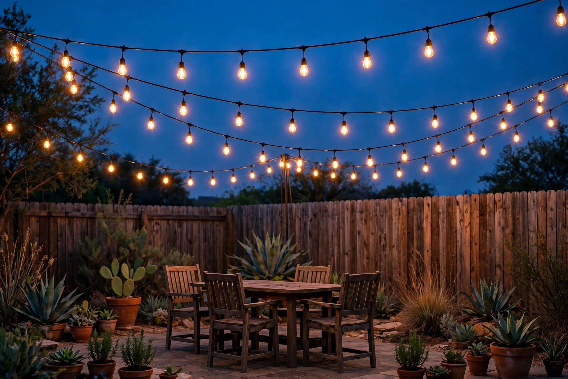 patio string lights texas homes usa: Warm patio string lights glowing over a Texas backyard patio at dusk