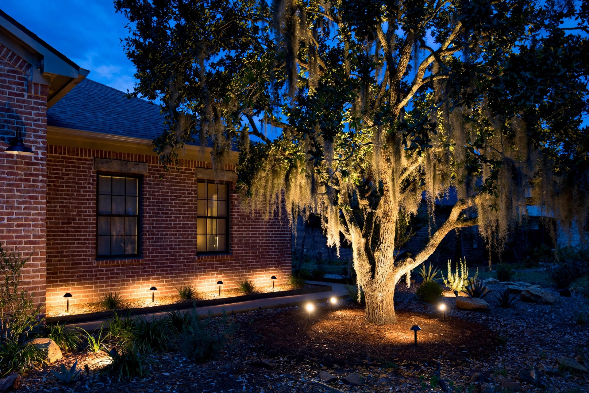 landscape spot lights texas homes usa: Landscape spot lights glowing on a Texas home yard at dusk