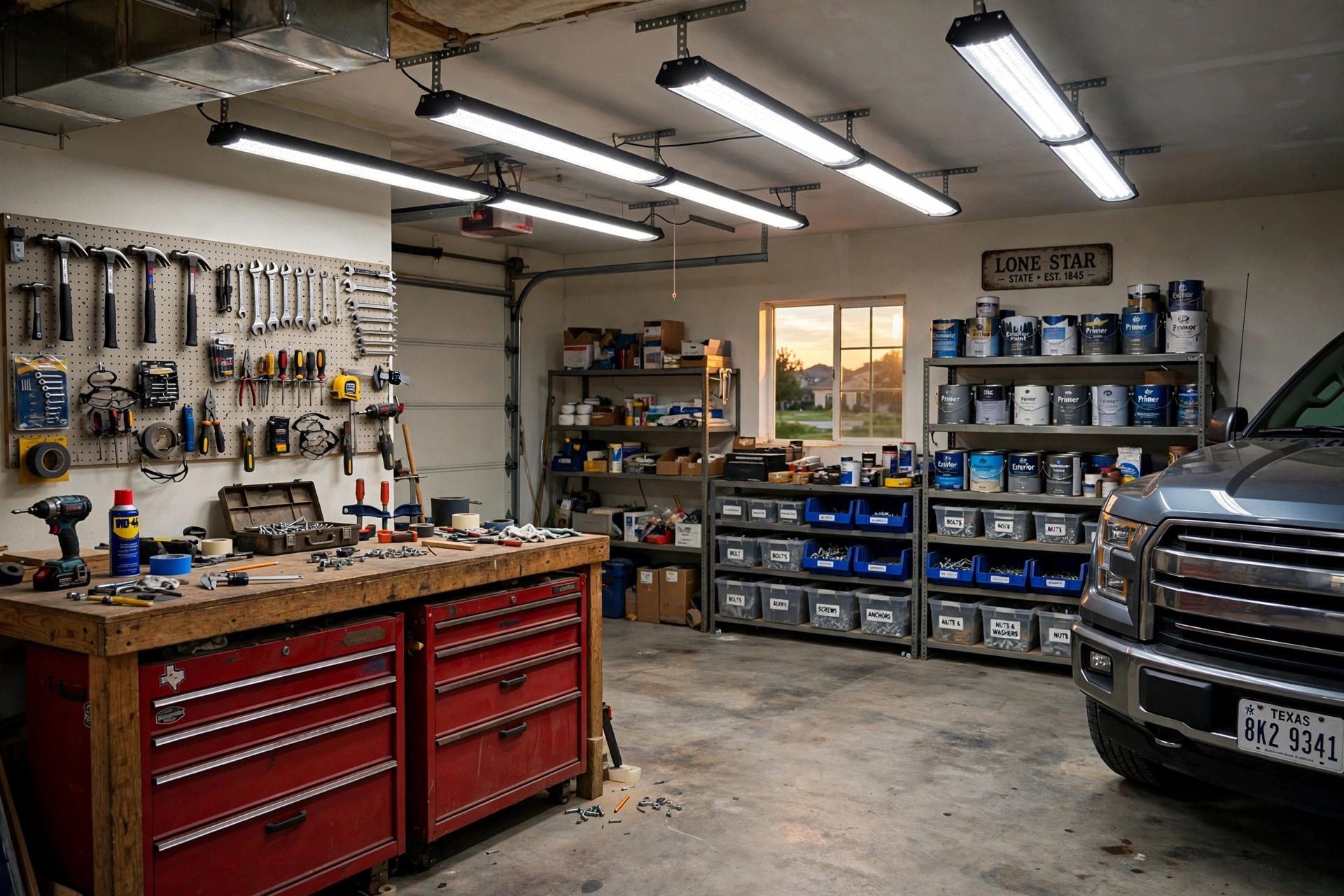 garage shop lights texas homes usa: Garage shop lights brighten a Texas workshop