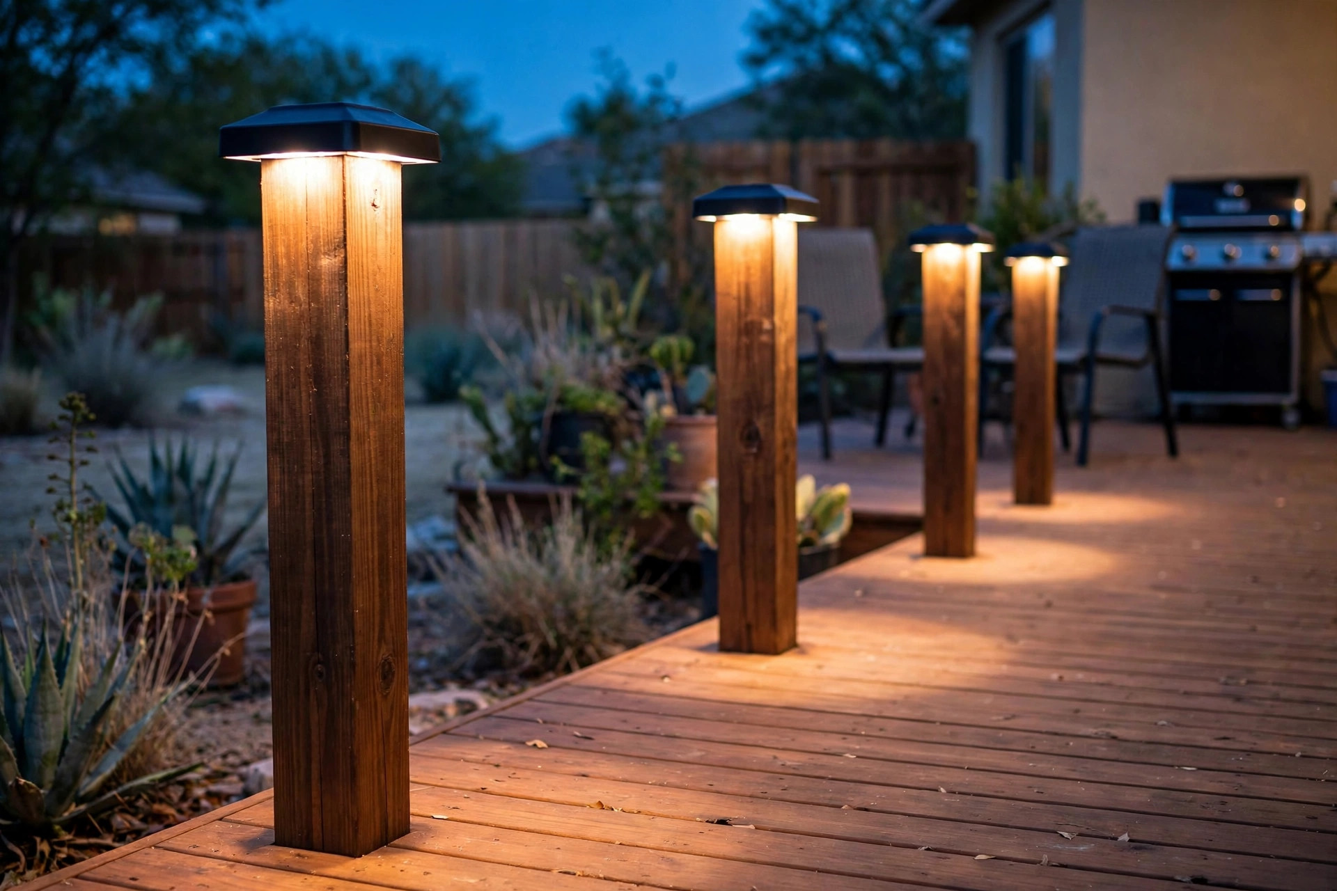 deck cap lights texas homes usa: Warm deck cap lights glowing on wooden deck posts at dusk in Texas