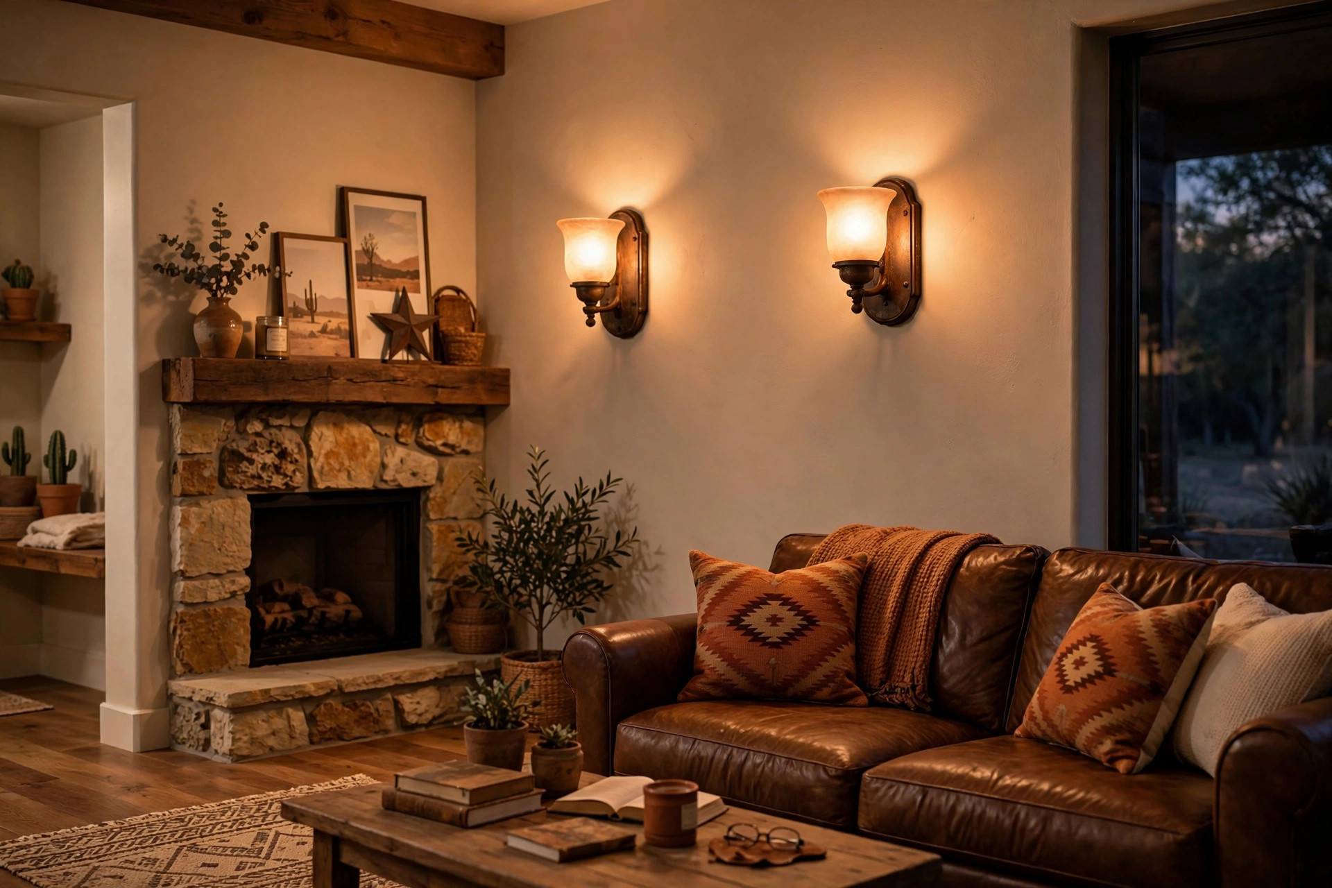indoor wall sconces texas homes usa: Indoor wall sconces glowing softly in a Texas home living room