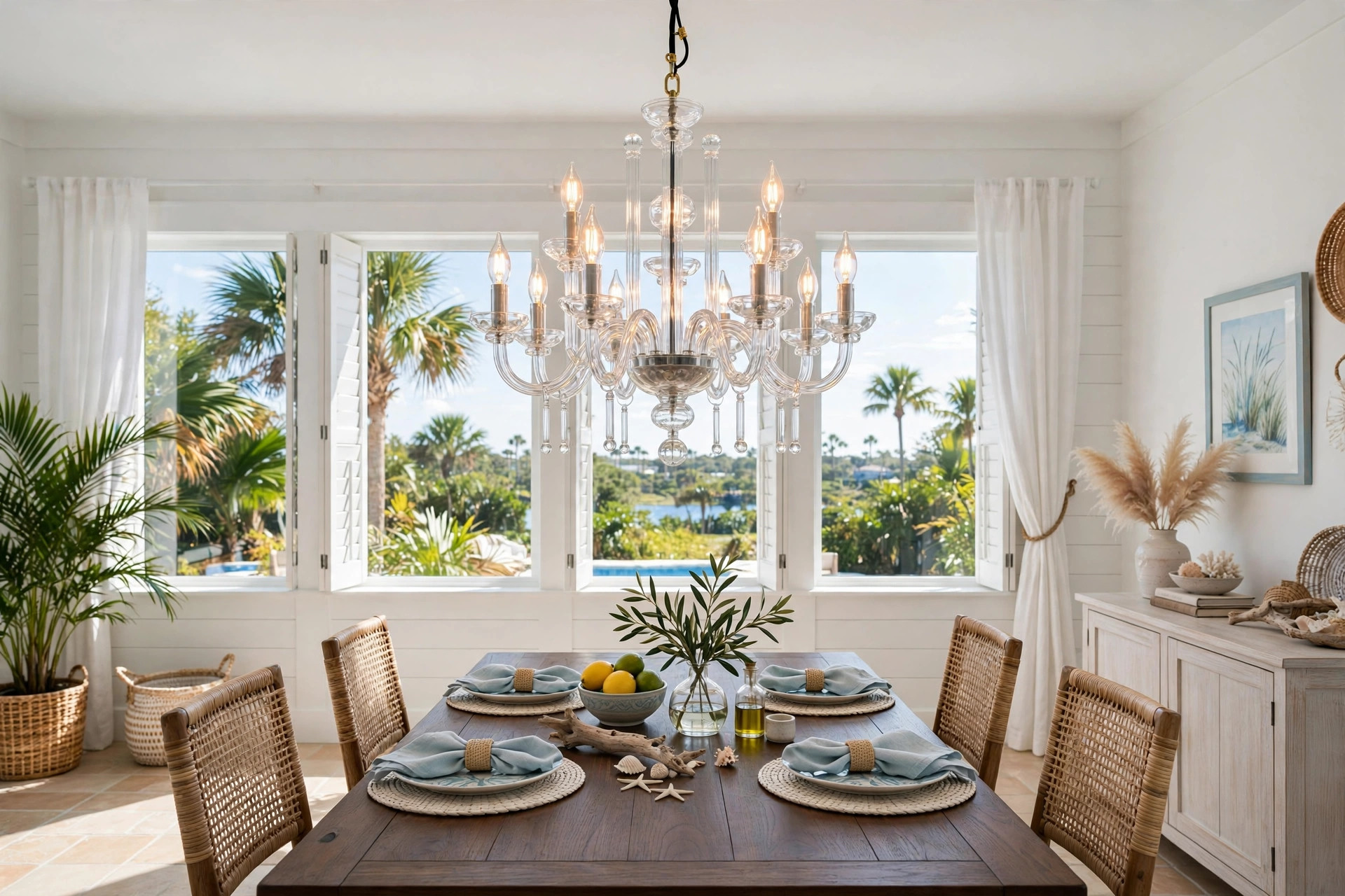 dining room chandeliers florida homes usa: Dining room chandelier in a bright Florida home