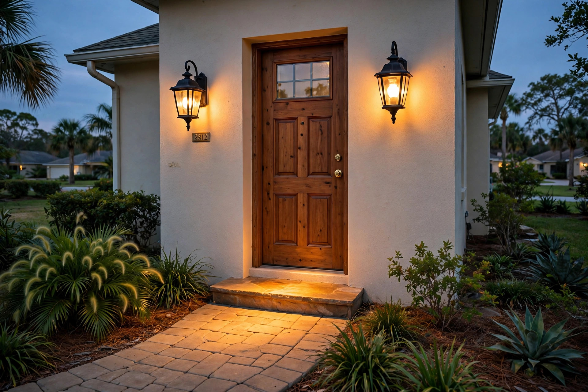 outdoor wall lanterns florida homes usa: Pair of outdoor wall lanterns on florida homes usa at dusk