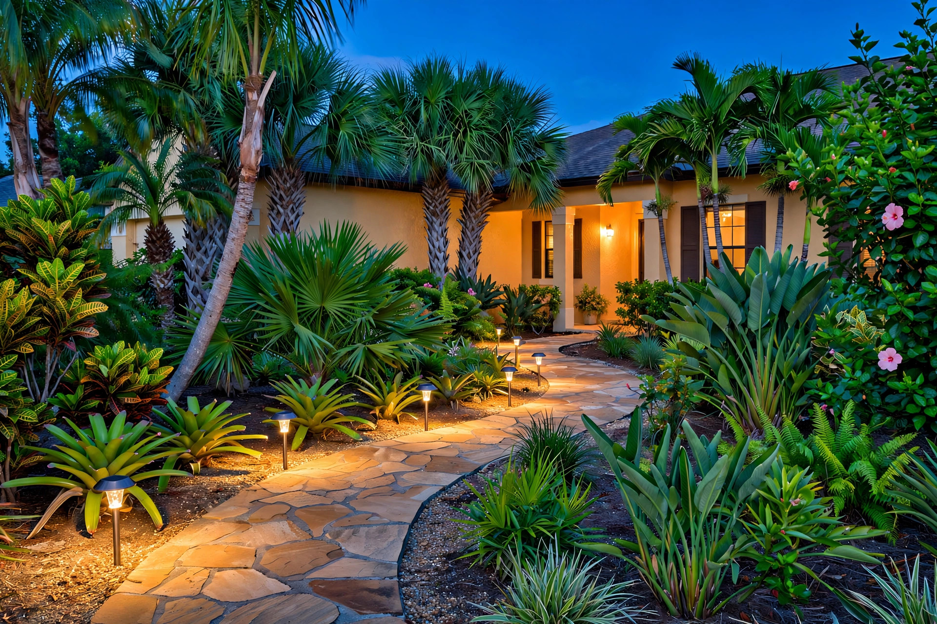 solar path lights florida homes usa: Solar path lights along a curved garden walkway at dusk in Florida