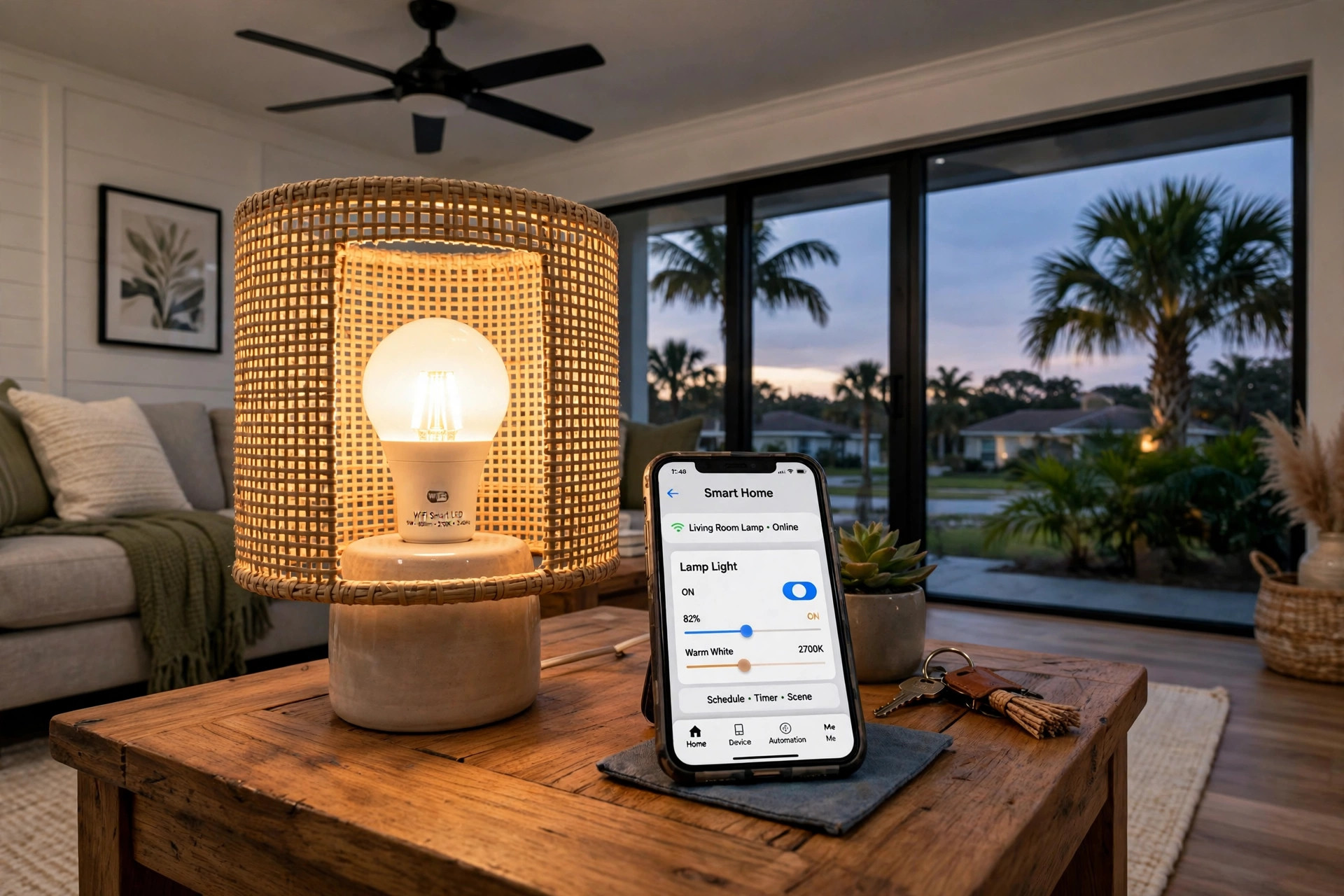 wifi smart bulbs florida homes usa: WiFi smart bulbs glowing in a Florida home living room